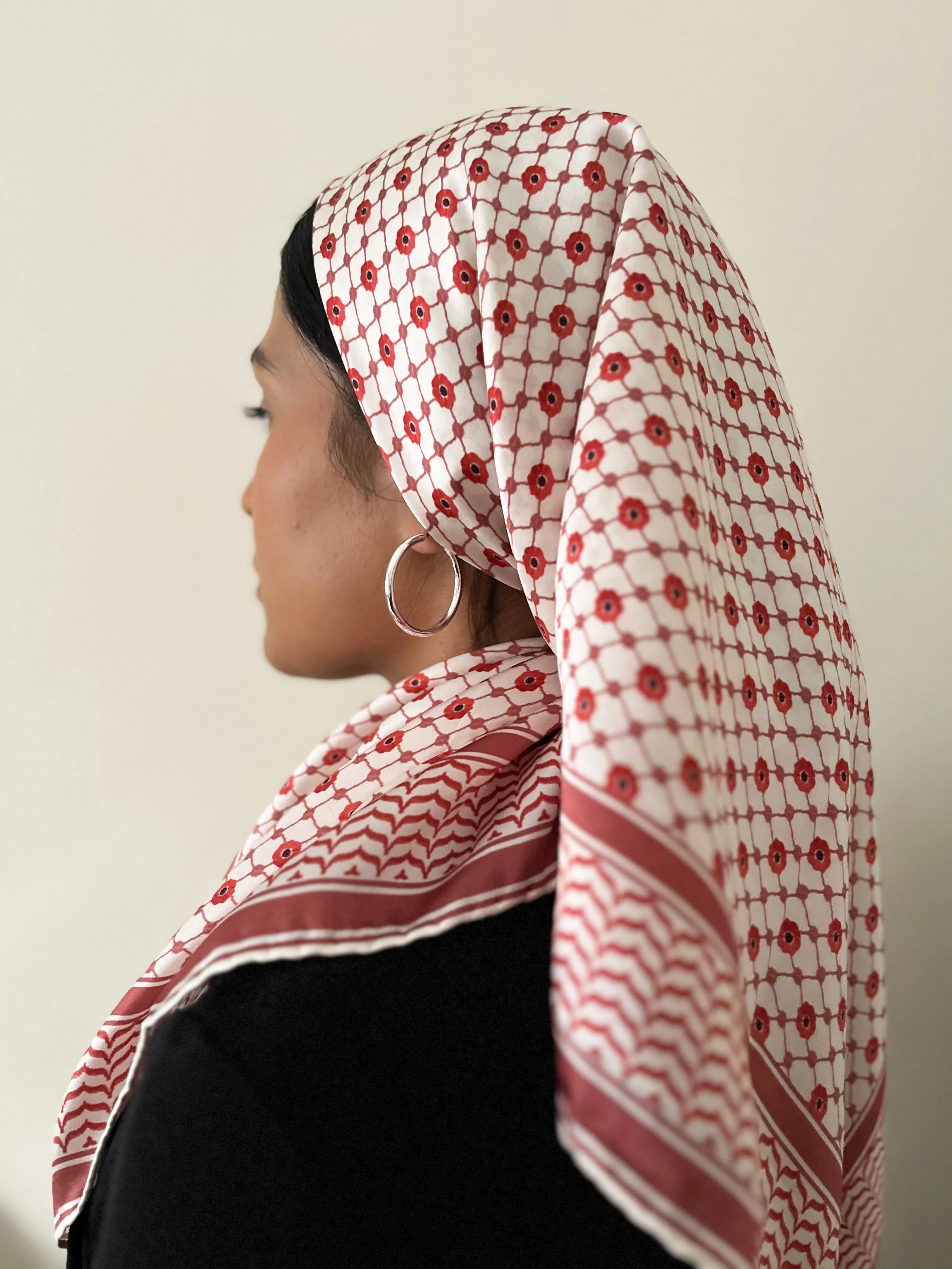 100% Silk Palestine Poppyseed Kefiyyah Scarf (Red) 35"x35"