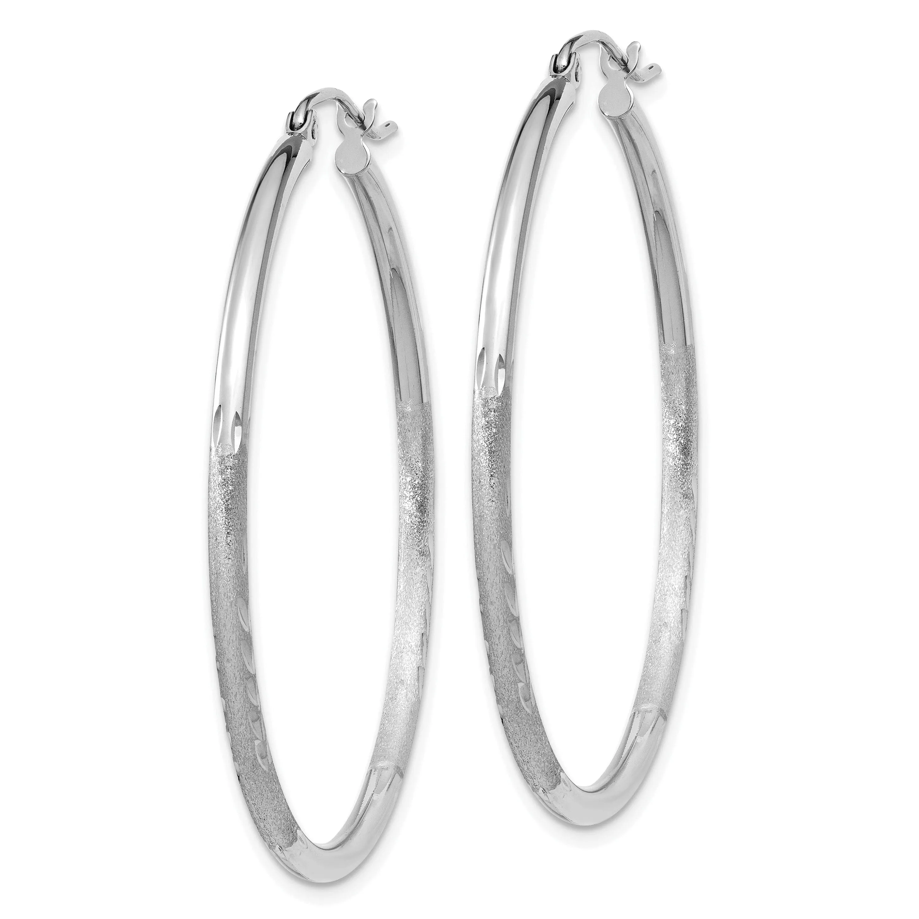 14k White Gold Satin Diamond Cut 2MM Round Hoop