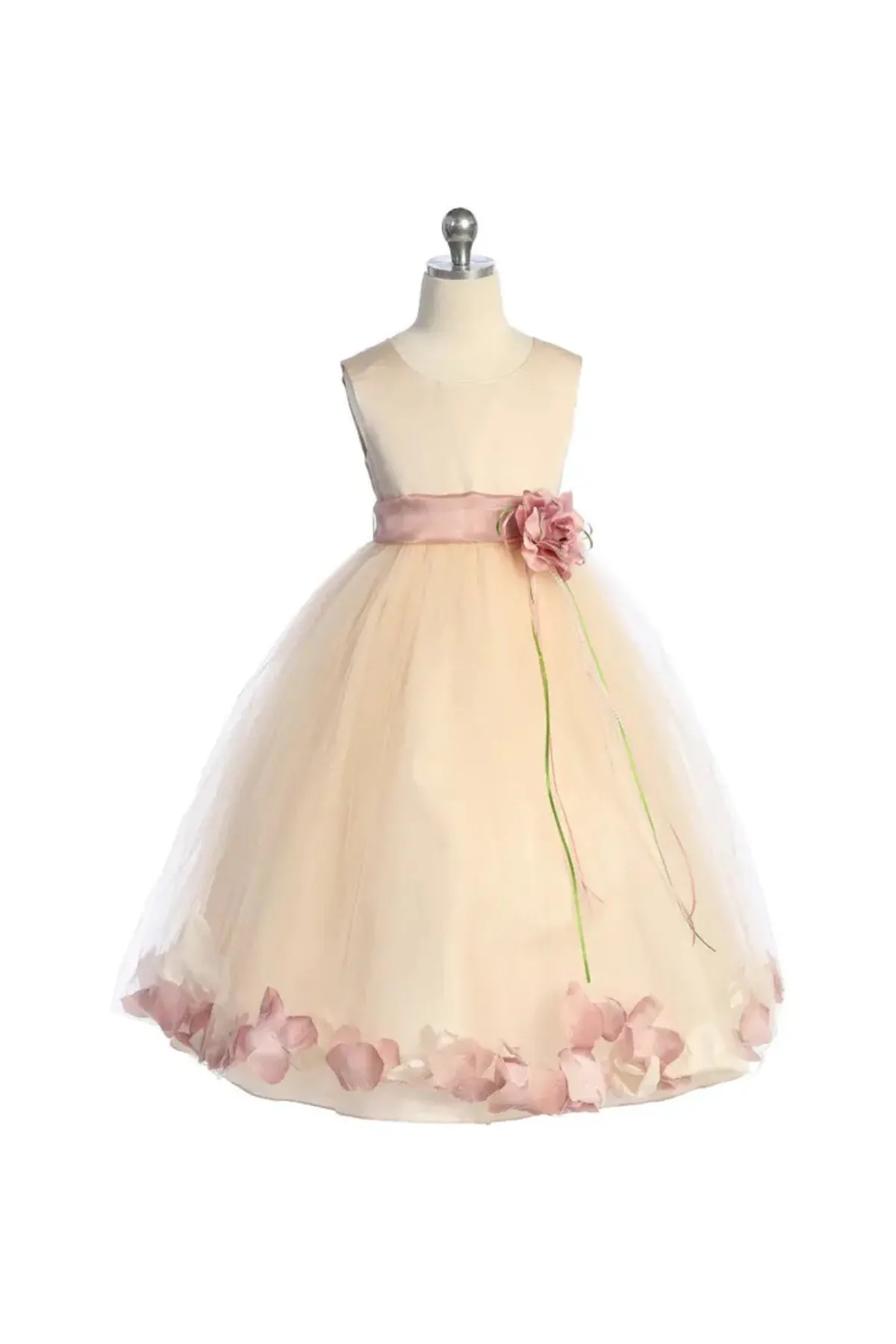 160B Blush Satin Flower Petal Girl Dress with Plus Sizing