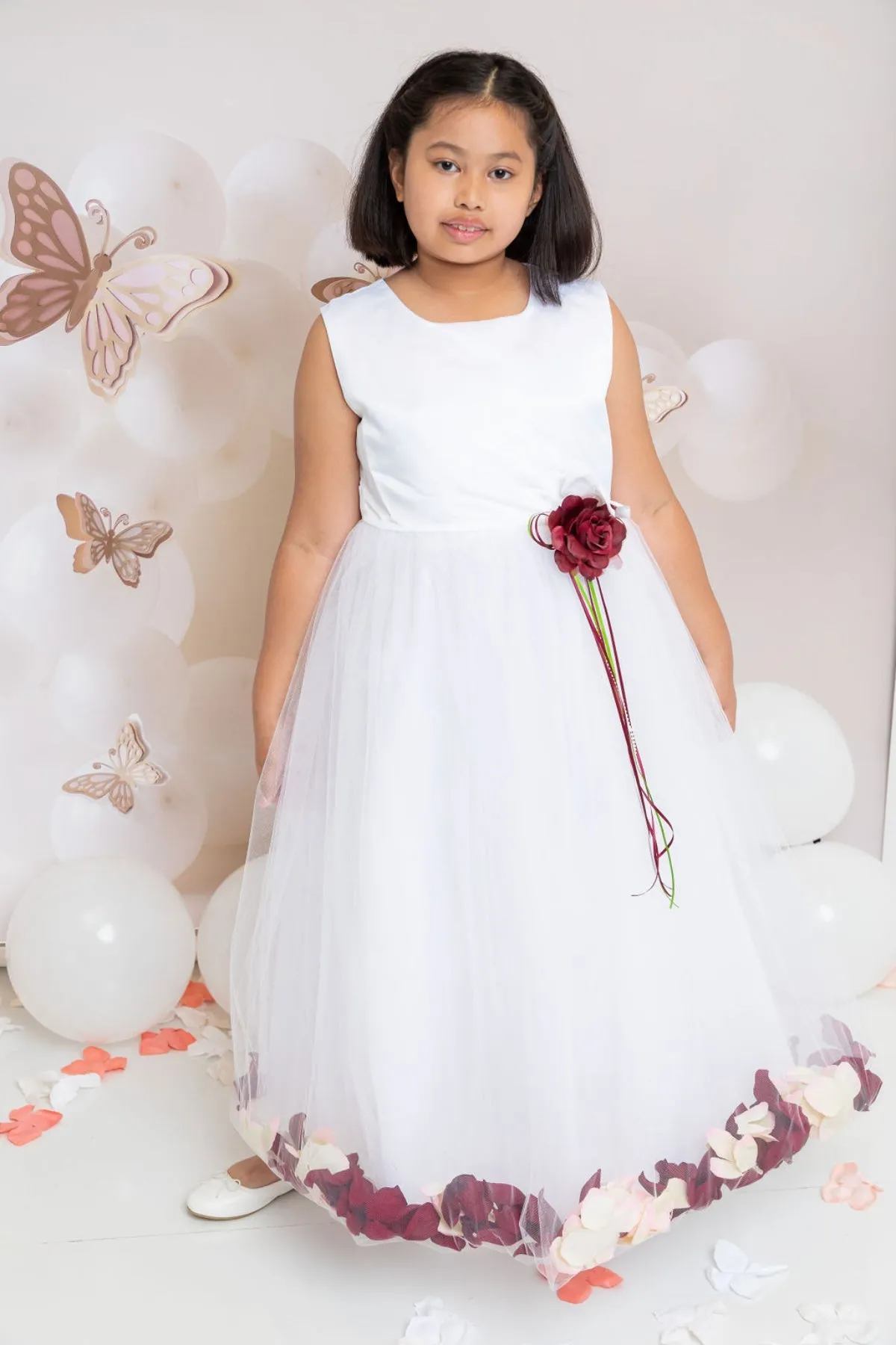 160B  White Satin Flower Petal Plus Size Girl Dress