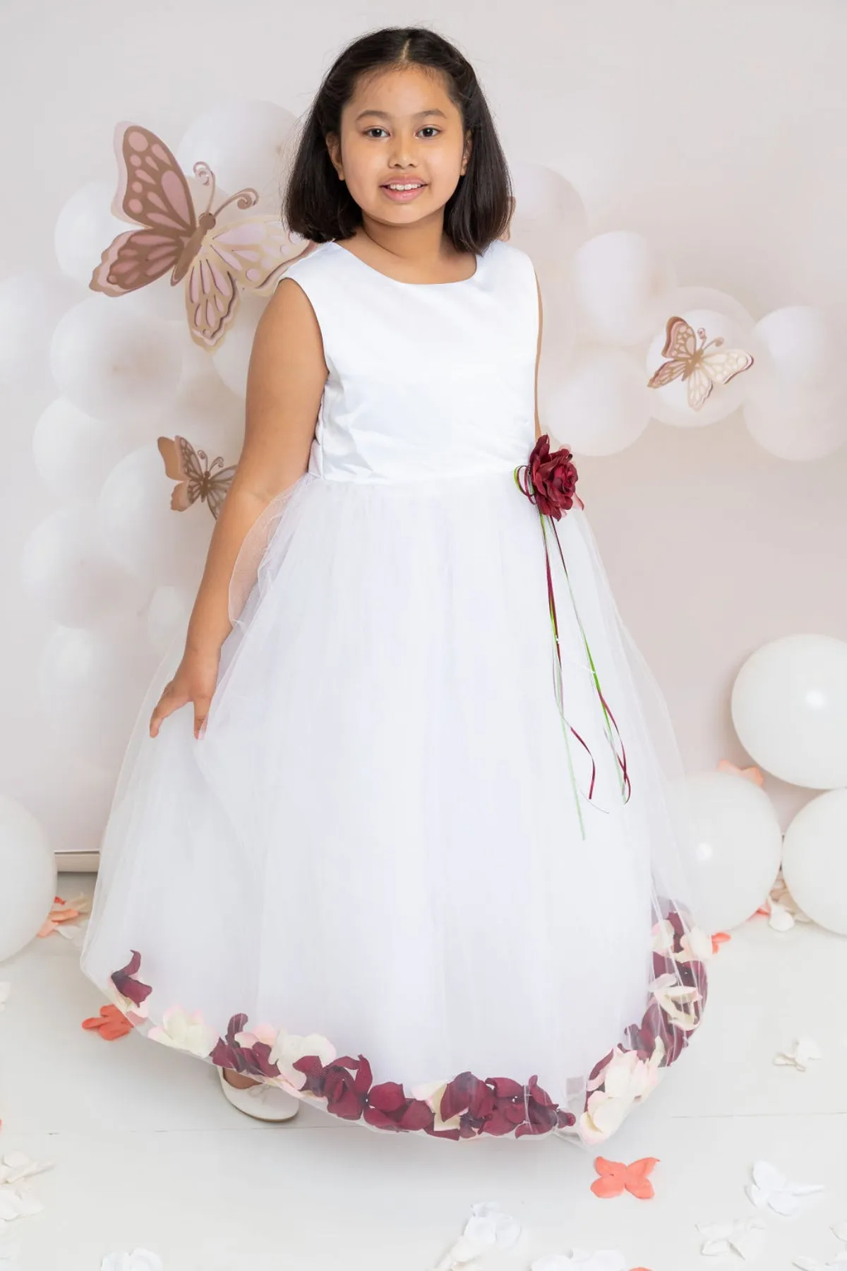 160B  White Satin Flower Petal Plus Size Girl Dress