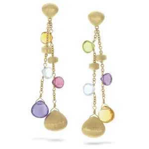 18K Yellow Gold Tear Drop & Mixed Gemstone Double Drop Earrings, Short