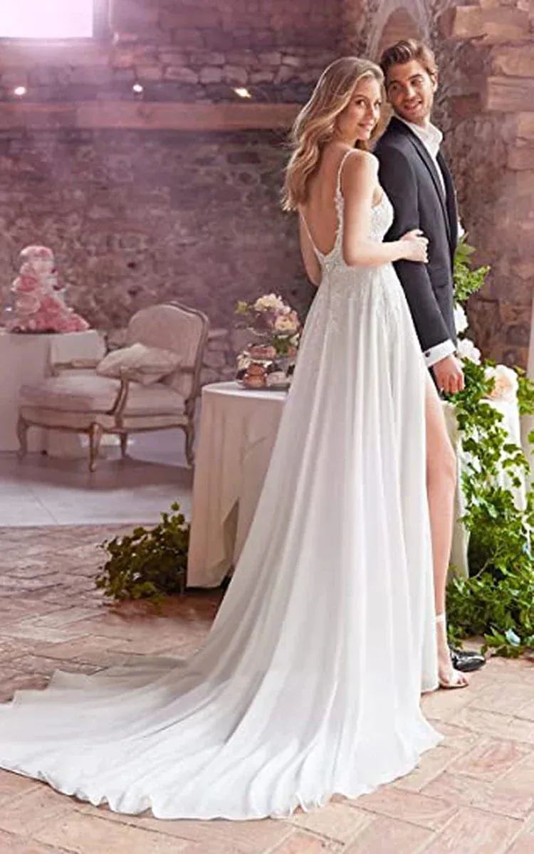 A-Line Spaghetti Chiffon Wedding Dress Simple Bohemian Elegant Summer Beach Garden With Open Back And Sleevesless And Split Front