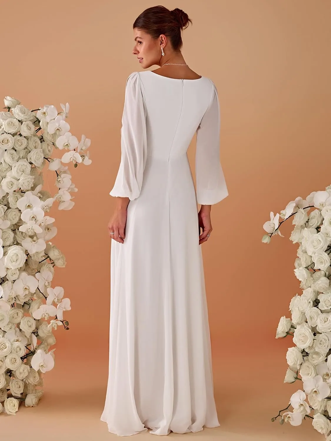 Amanda long sleeved chiffon wedding dress in Ivory Express NZ wide
