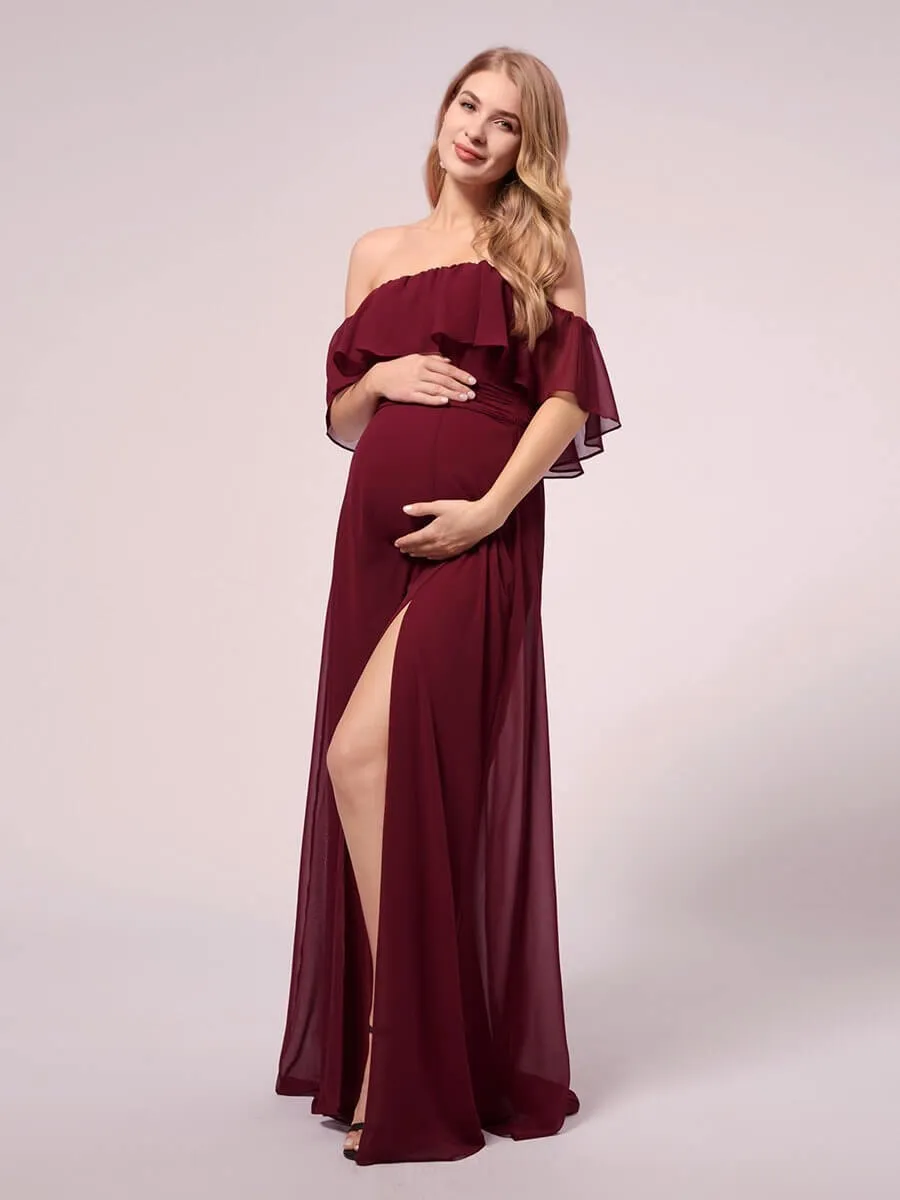 Angelina off shoulder maternity dress with split in burgundy