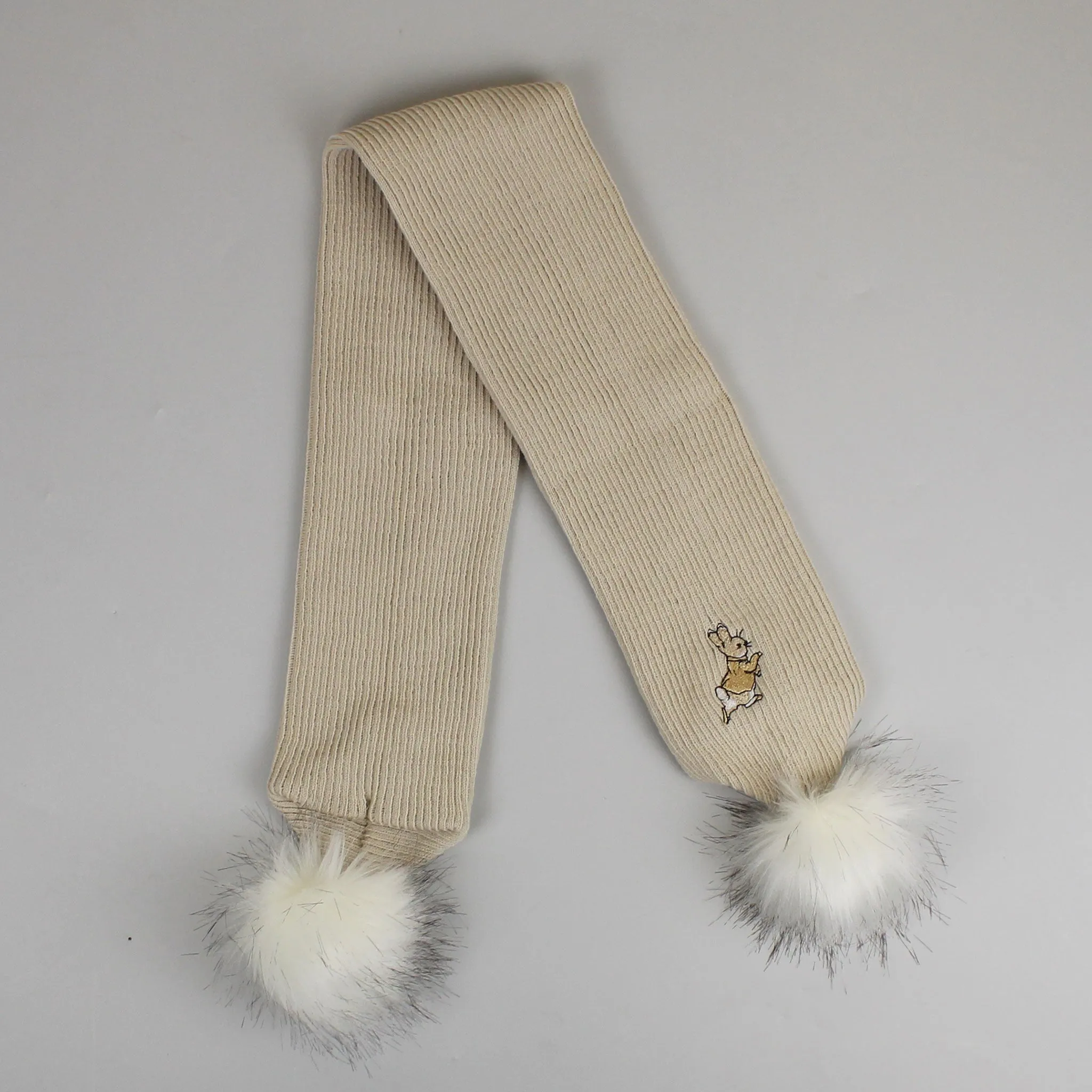 Baby Unisex Pom Scarf With Rabbit - Beige
