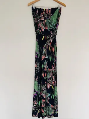 BEACH BREAK Navy Blue Jumpsuit Sz M Wide Legs Strapless Cover-Up Tassel Tropical