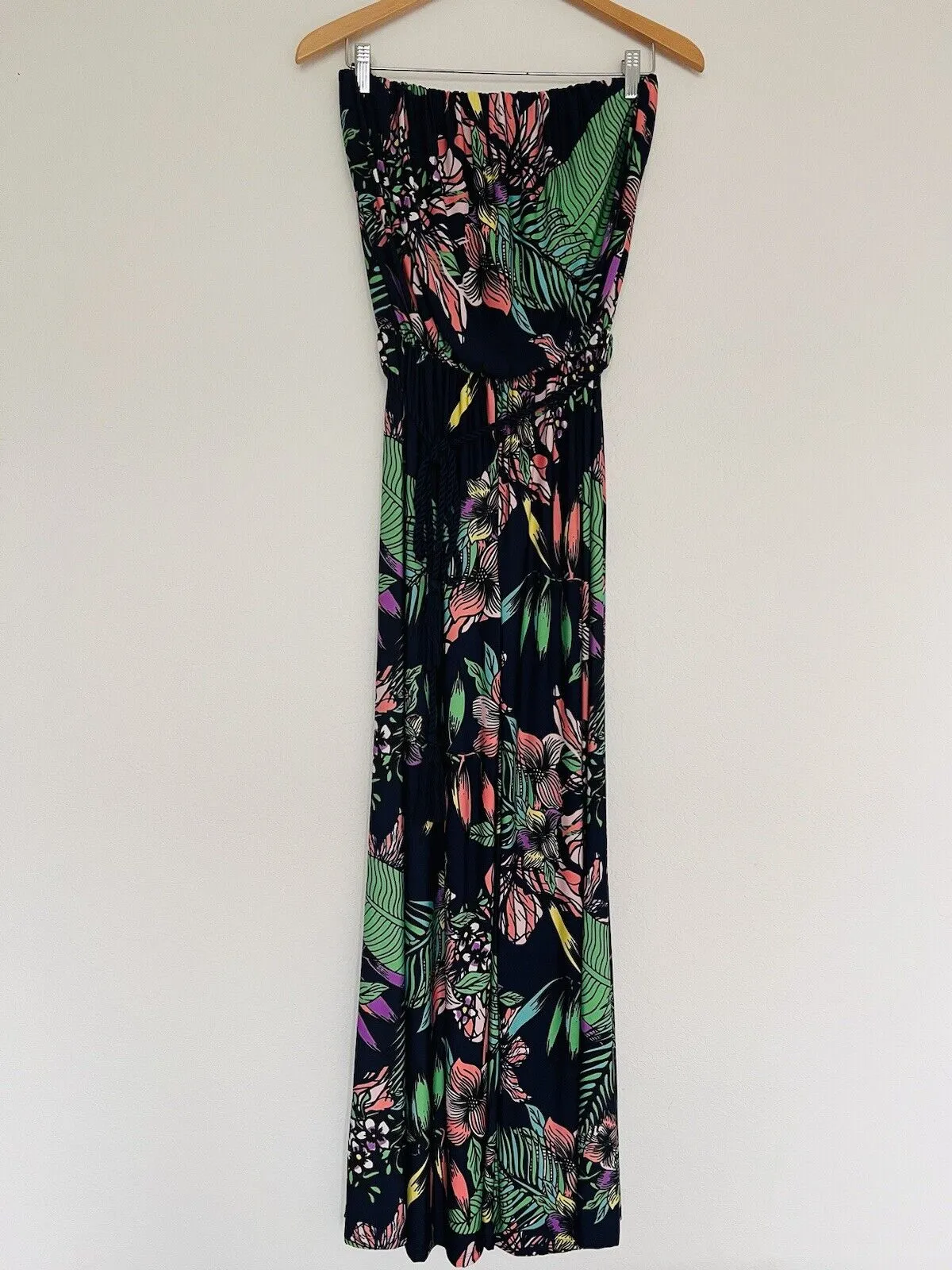 BEACH BREAK Navy Blue Jumpsuit Sz M Wide Legs Strapless Cover-Up Tassel Tropical