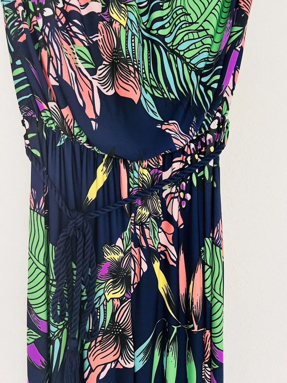 BEACH BREAK Navy Blue Jumpsuit Sz M Wide Legs Strapless Cover-Up Tassel Tropical