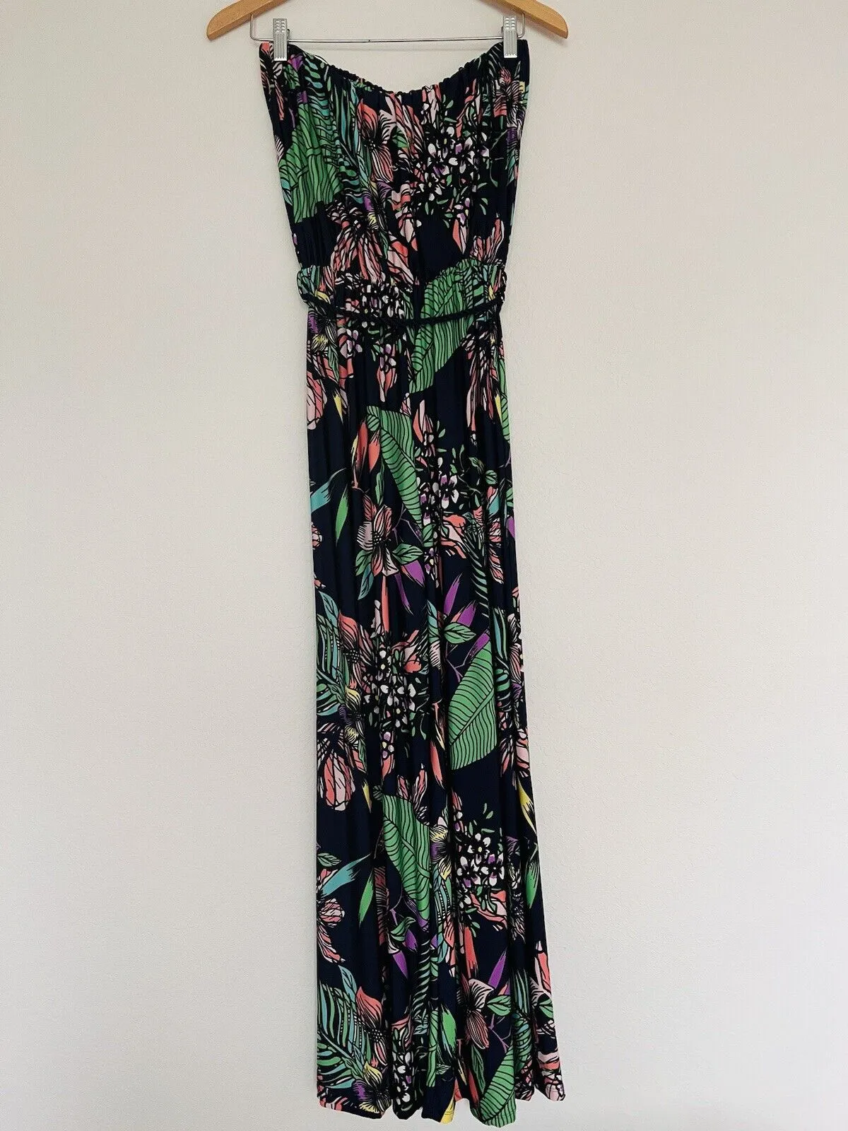 BEACH BREAK Navy Blue Jumpsuit Sz M Wide Legs Strapless Cover-Up Tassel Tropical