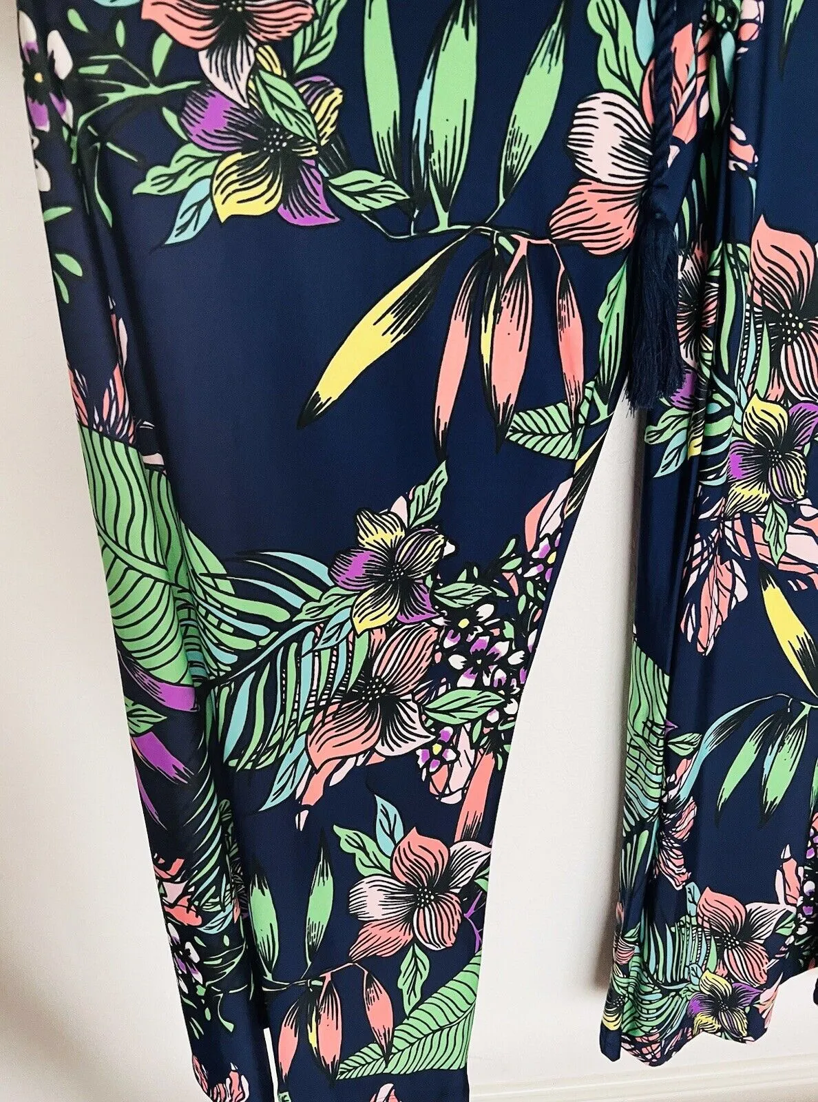 BEACH BREAK Navy Blue Jumpsuit Sz M Wide Legs Strapless Cover-Up Tassel Tropical