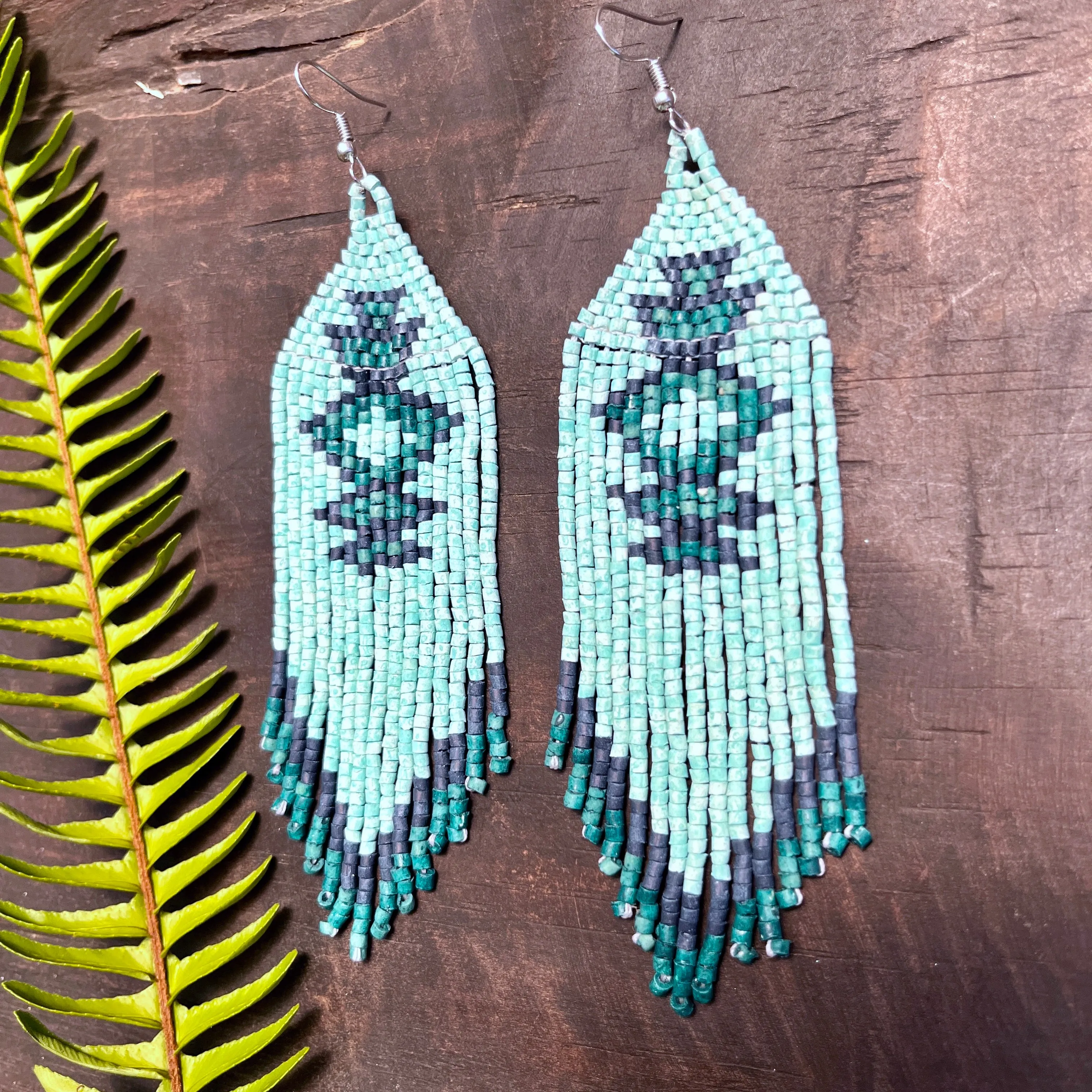 Beaded Fringe Earrings with Geoemetric Symbols