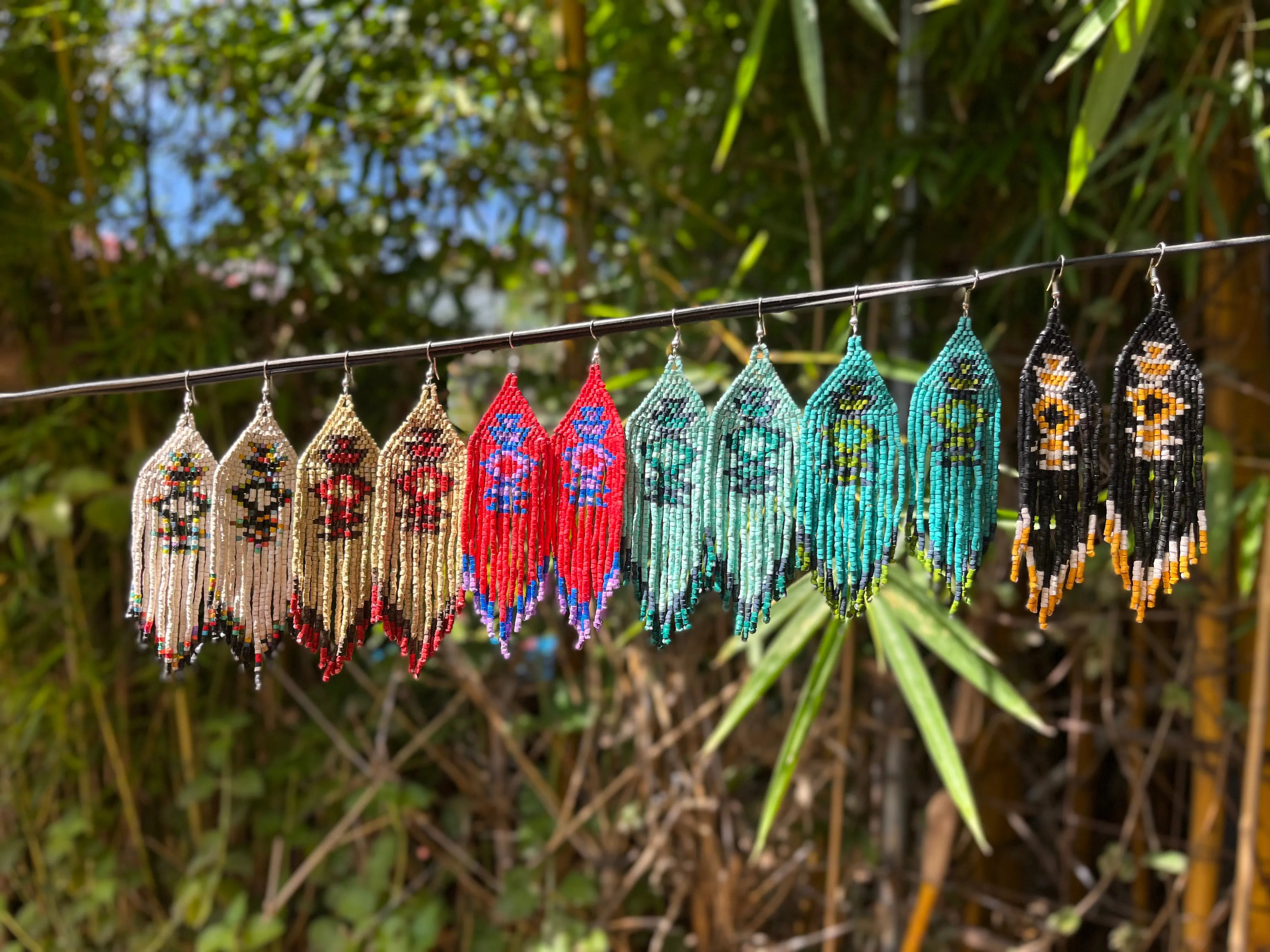 Beaded Fringe Earrings with Geoemetric Symbols