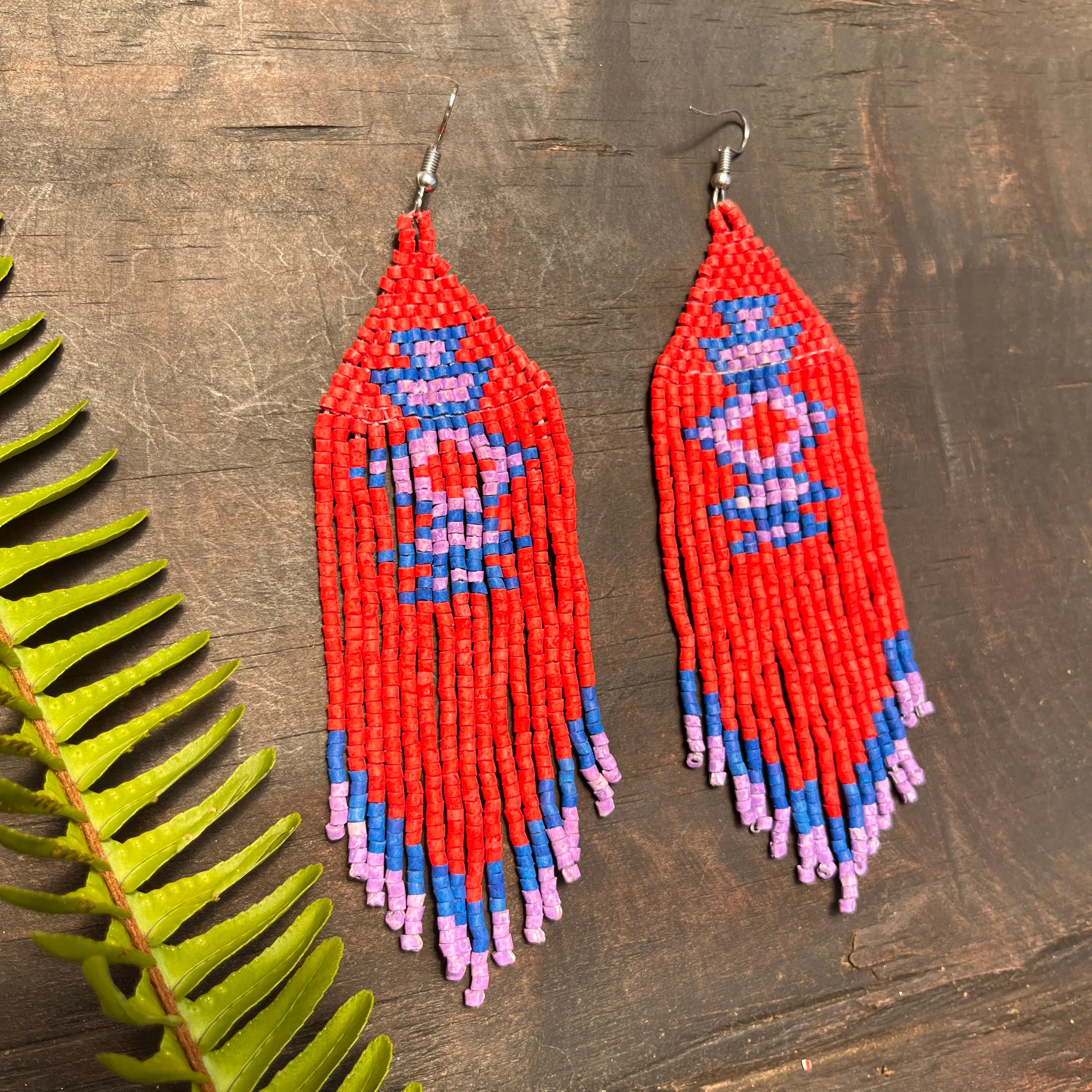 Beaded Fringe Earrings with Geoemetric Symbols