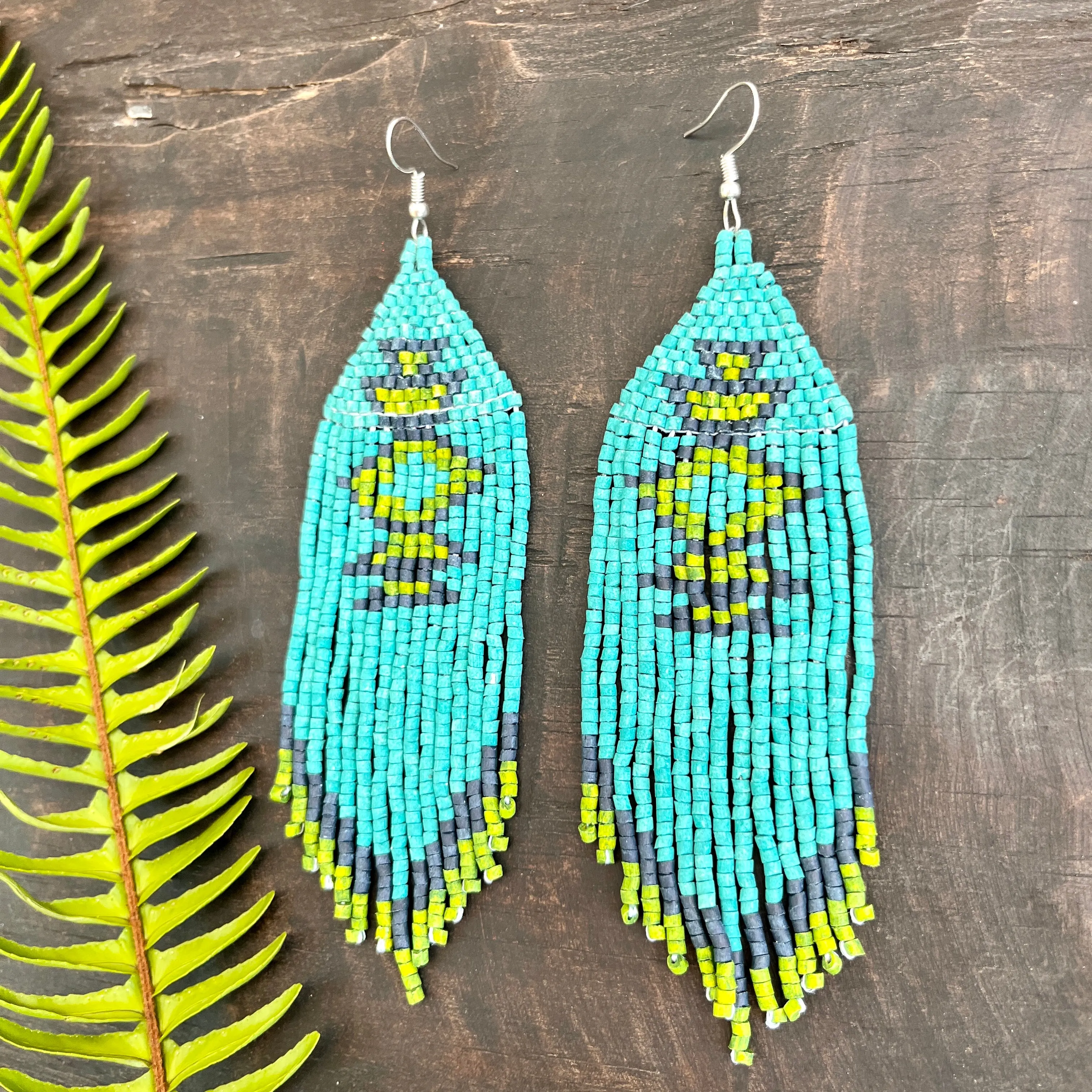 Beaded Fringe Earrings with Geoemetric Symbols