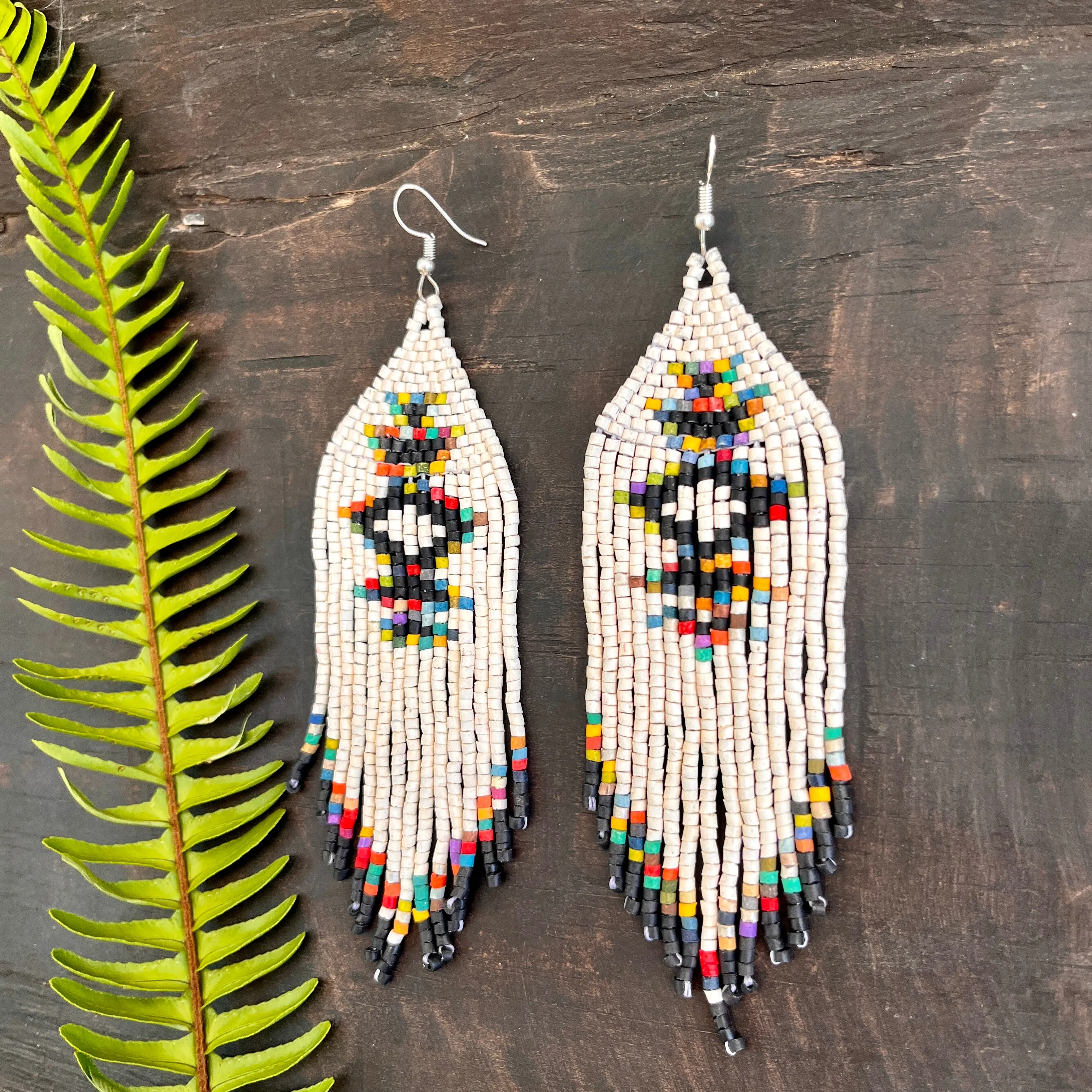 Beaded Fringe Earrings with Geoemetric Symbols