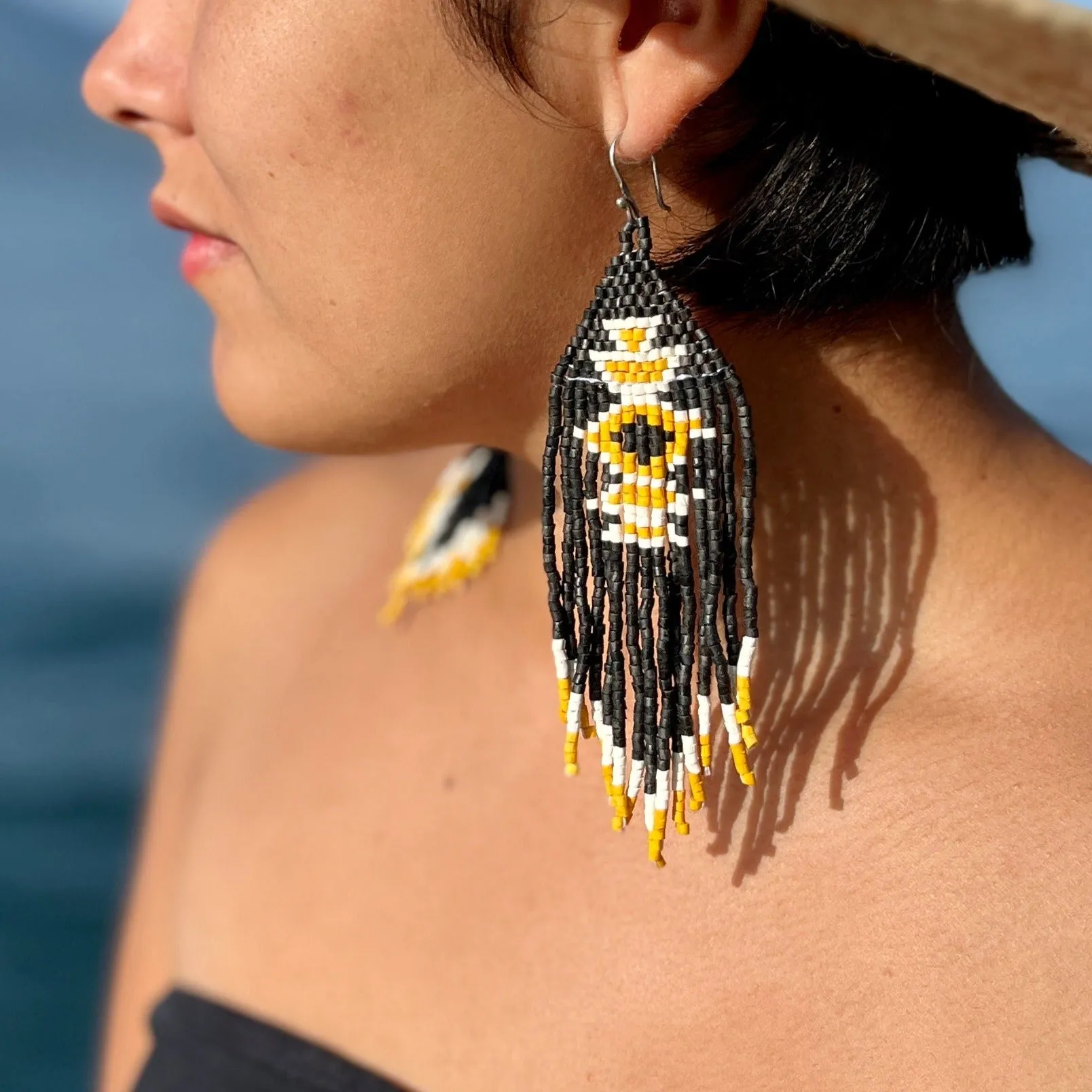 Beaded Fringe Earrings with Geoemetric Symbols