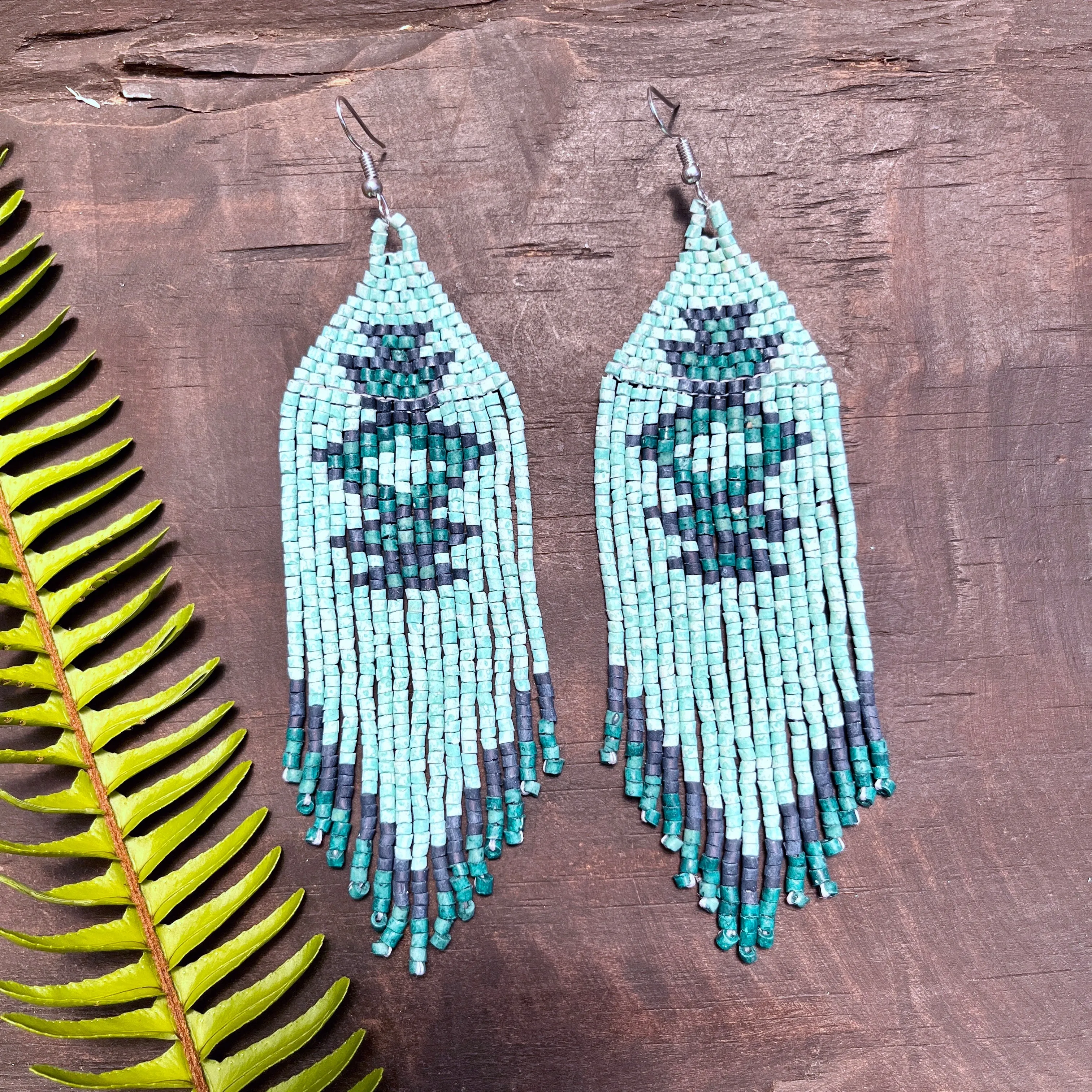 Beaded Fringe Earrings with Geoemetric Symbols