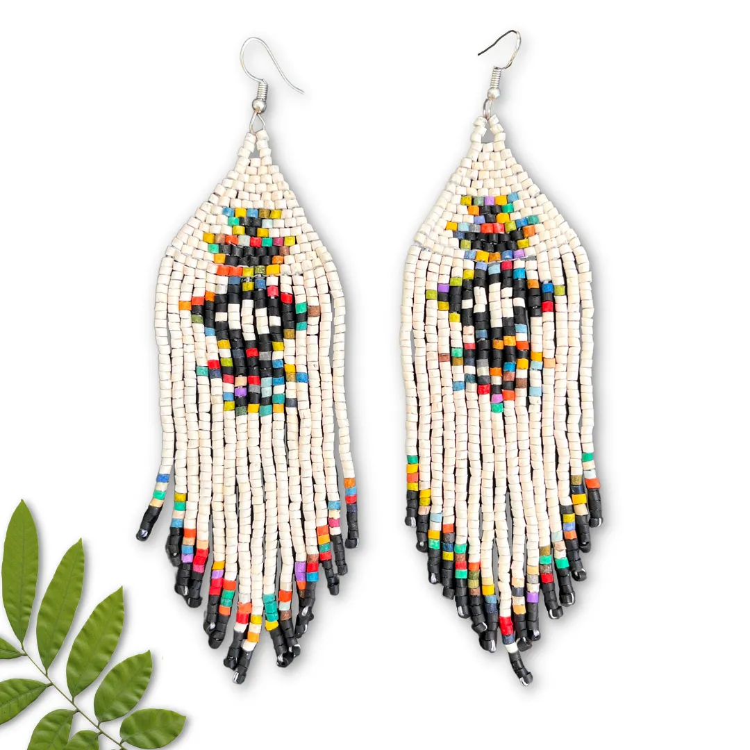 Beaded Fringe Earrings with Geoemetric Symbols