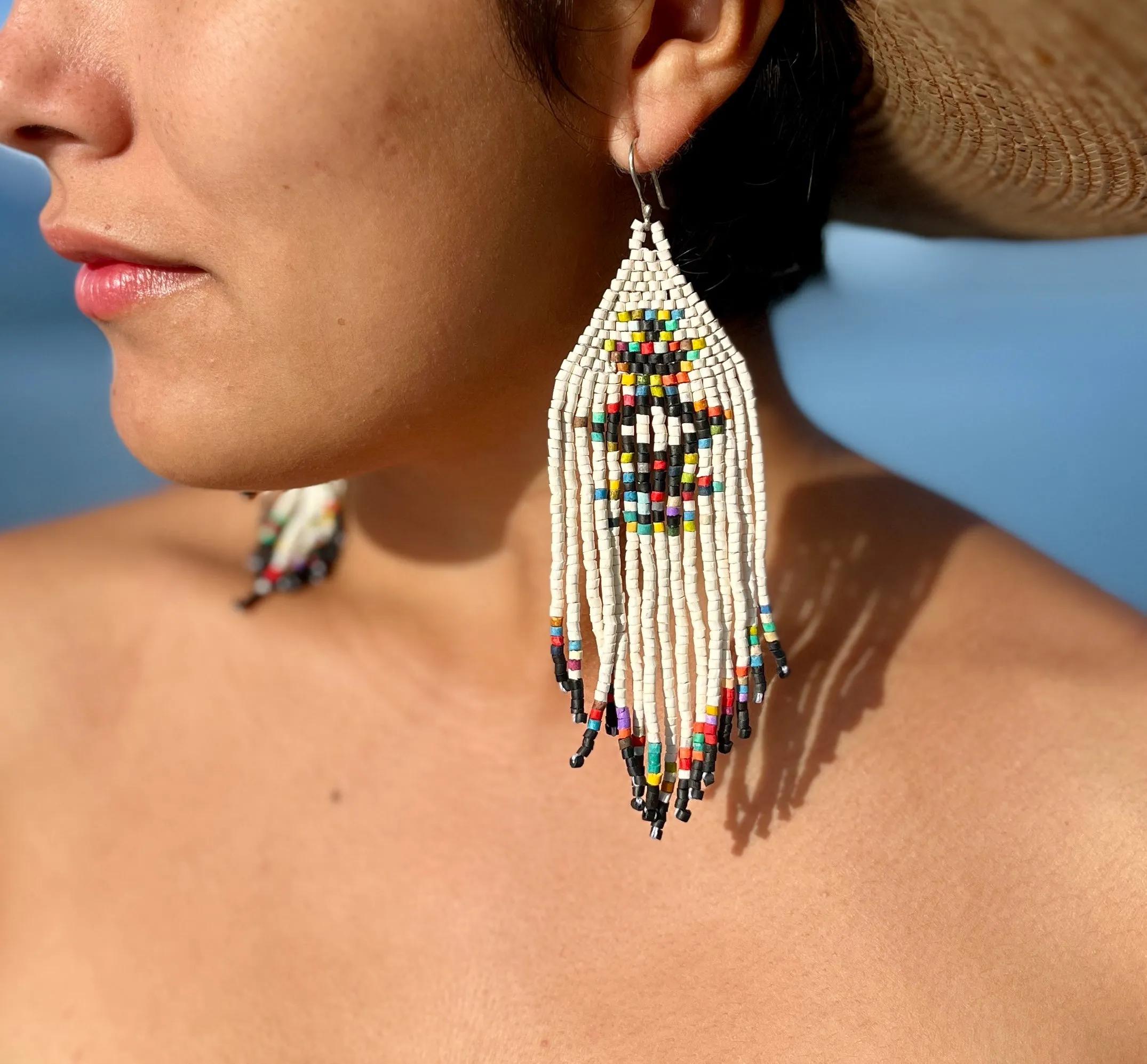 Beaded Fringe Earrings with Geoemetric Symbols