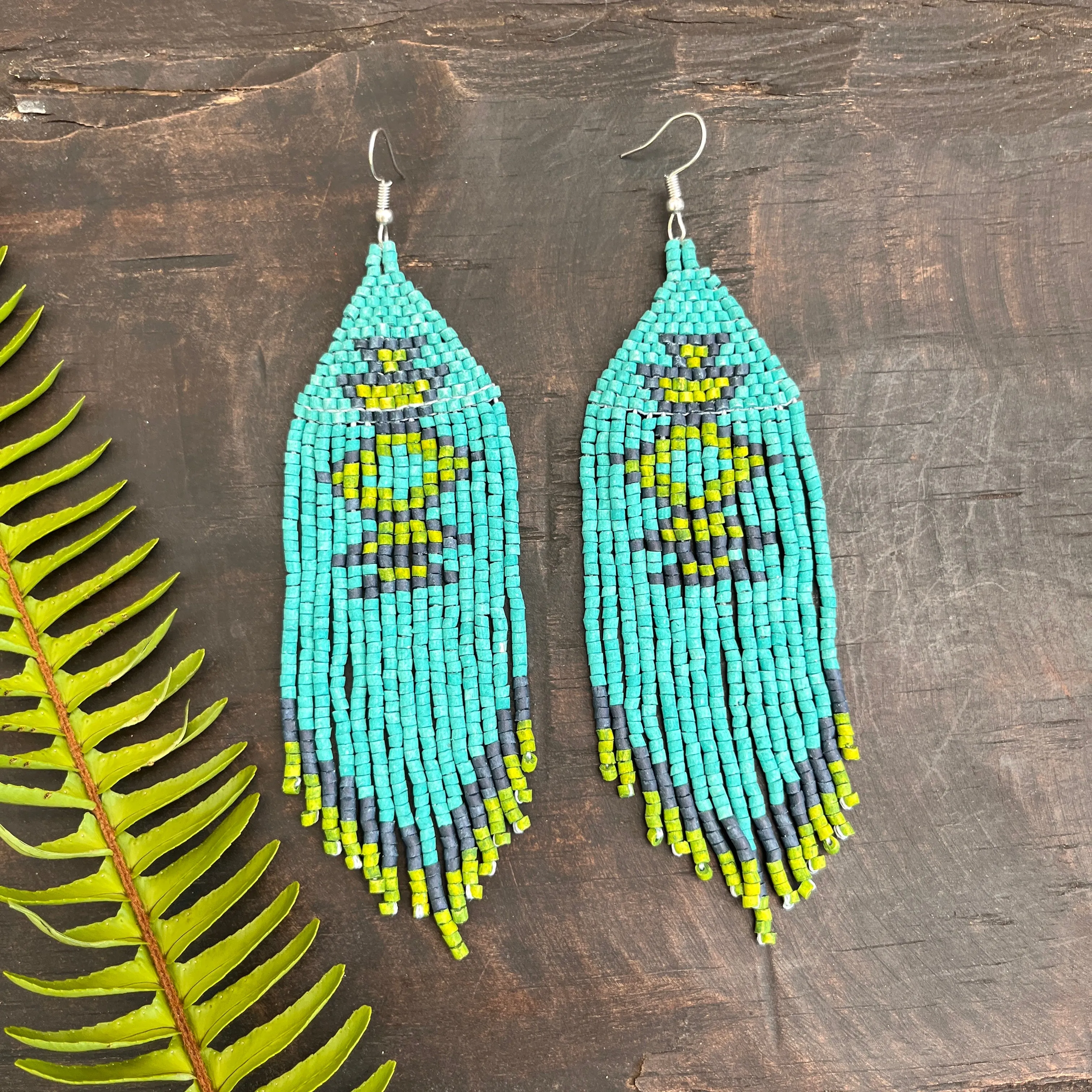 Beaded Fringe Earrings with Geoemetric Symbols