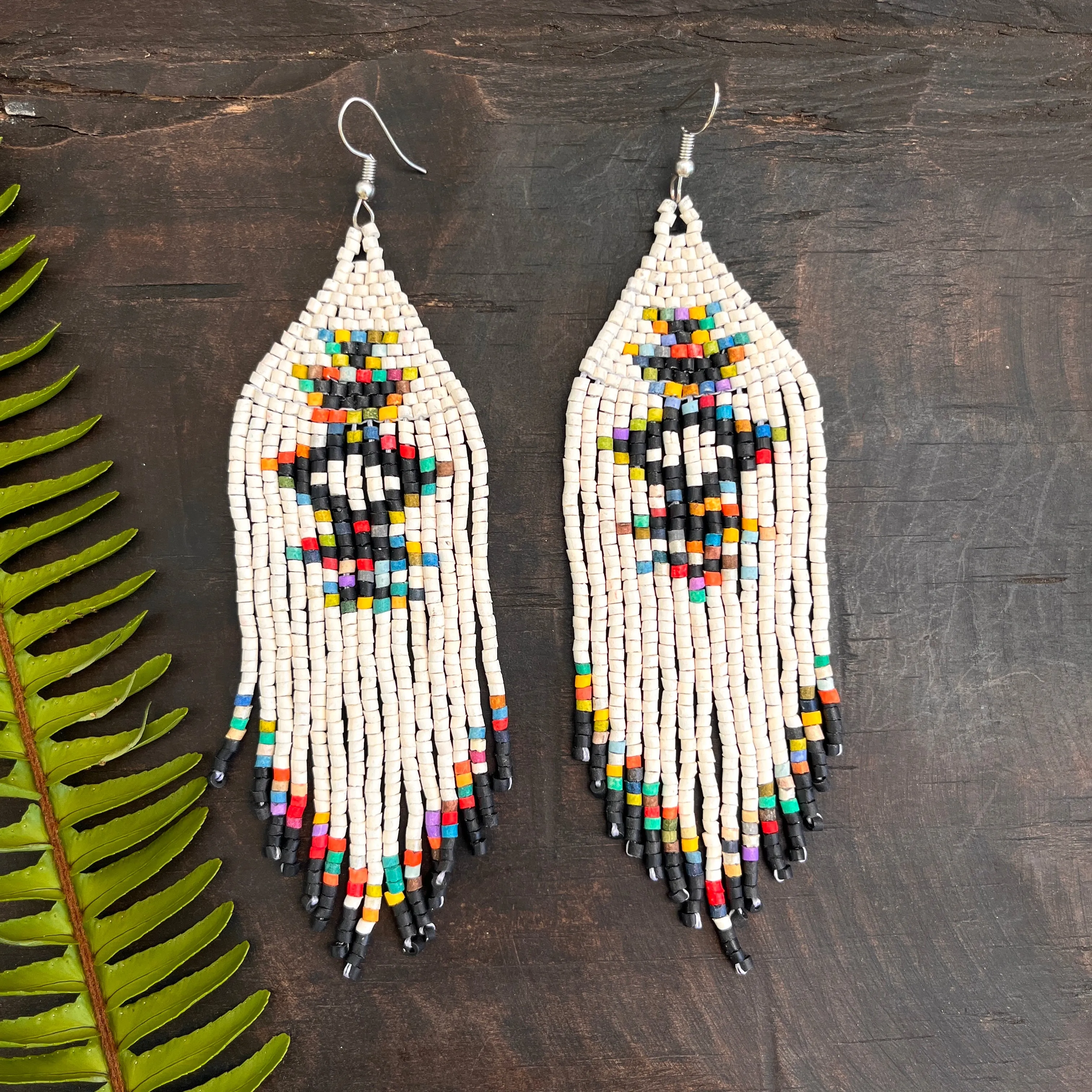 Beaded Fringe Earrings with Geoemetric Symbols