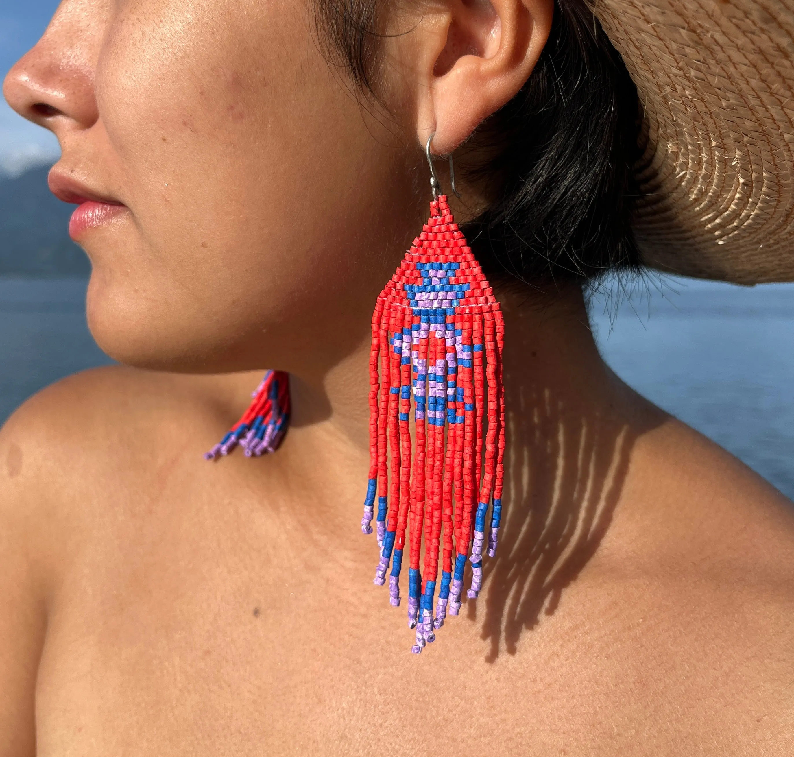 Beaded Fringe Earrings with Geoemetric Symbols