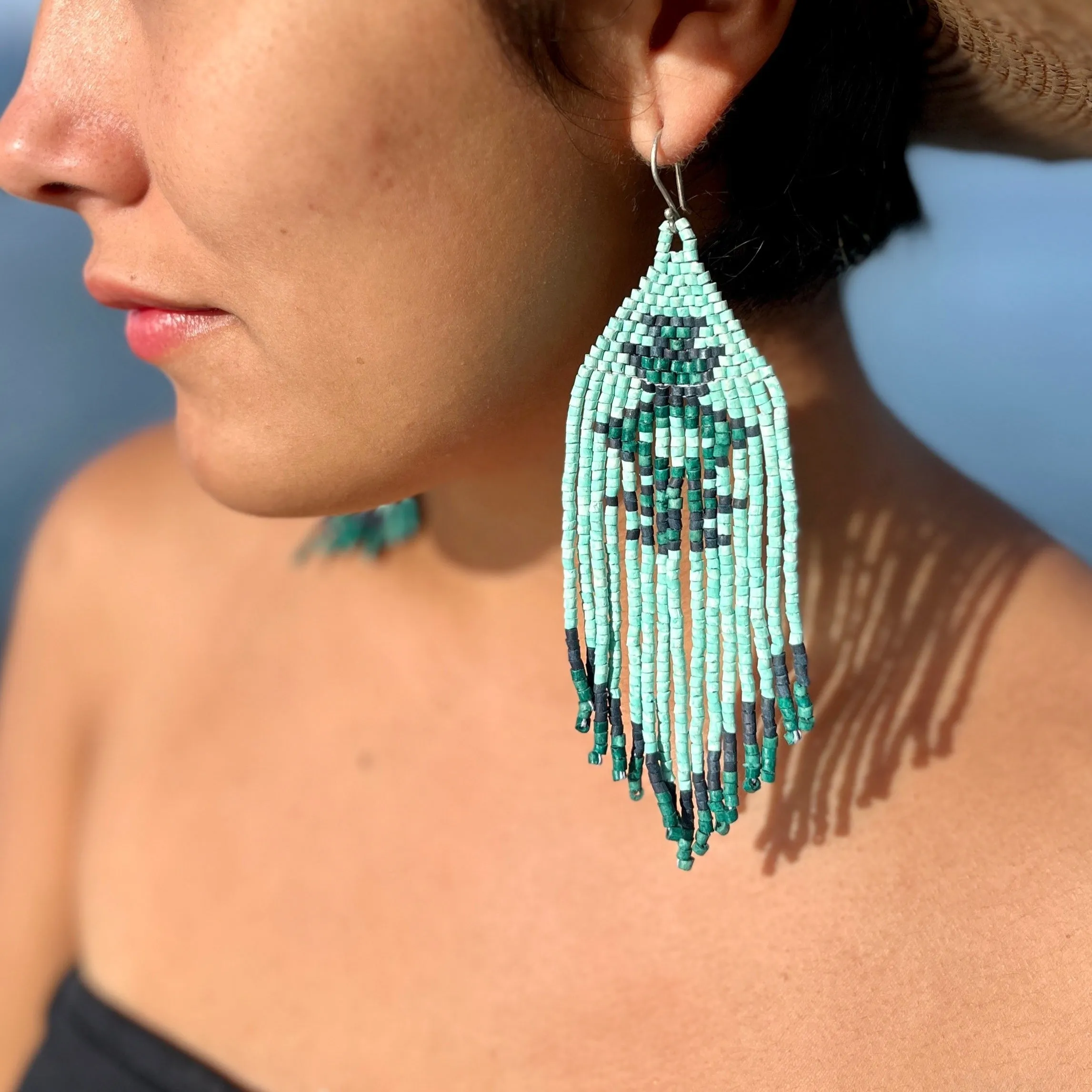 Beaded Fringe Earrings with Geoemetric Symbols