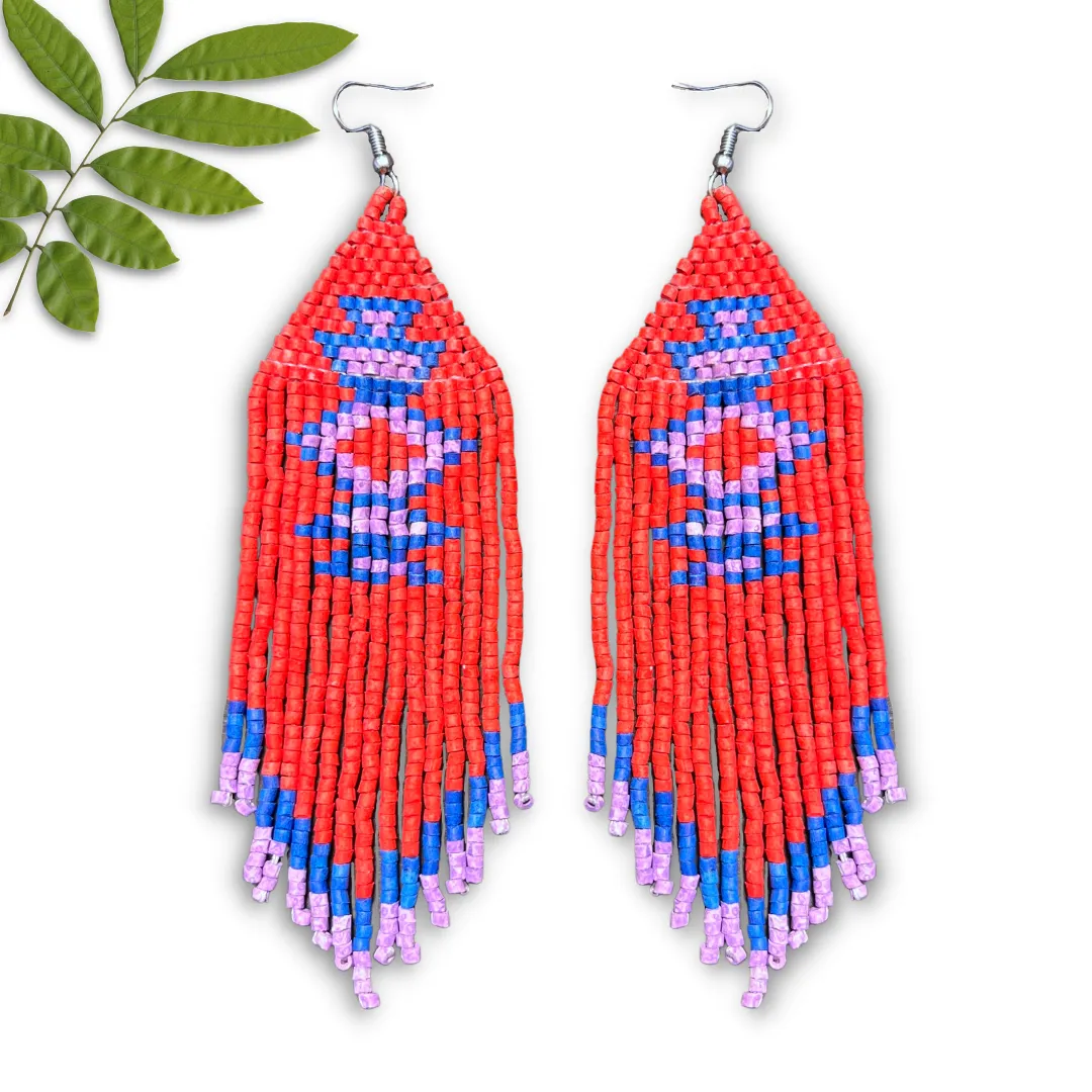 Beaded Fringe Earrings with Geoemetric Symbols