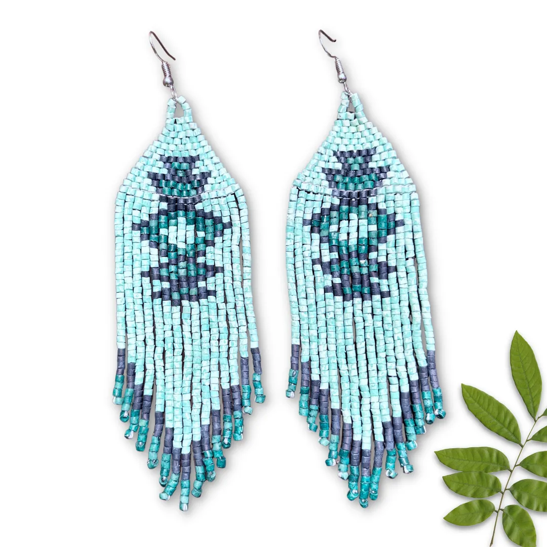 Beaded Fringe Earrings with Geoemetric Symbols