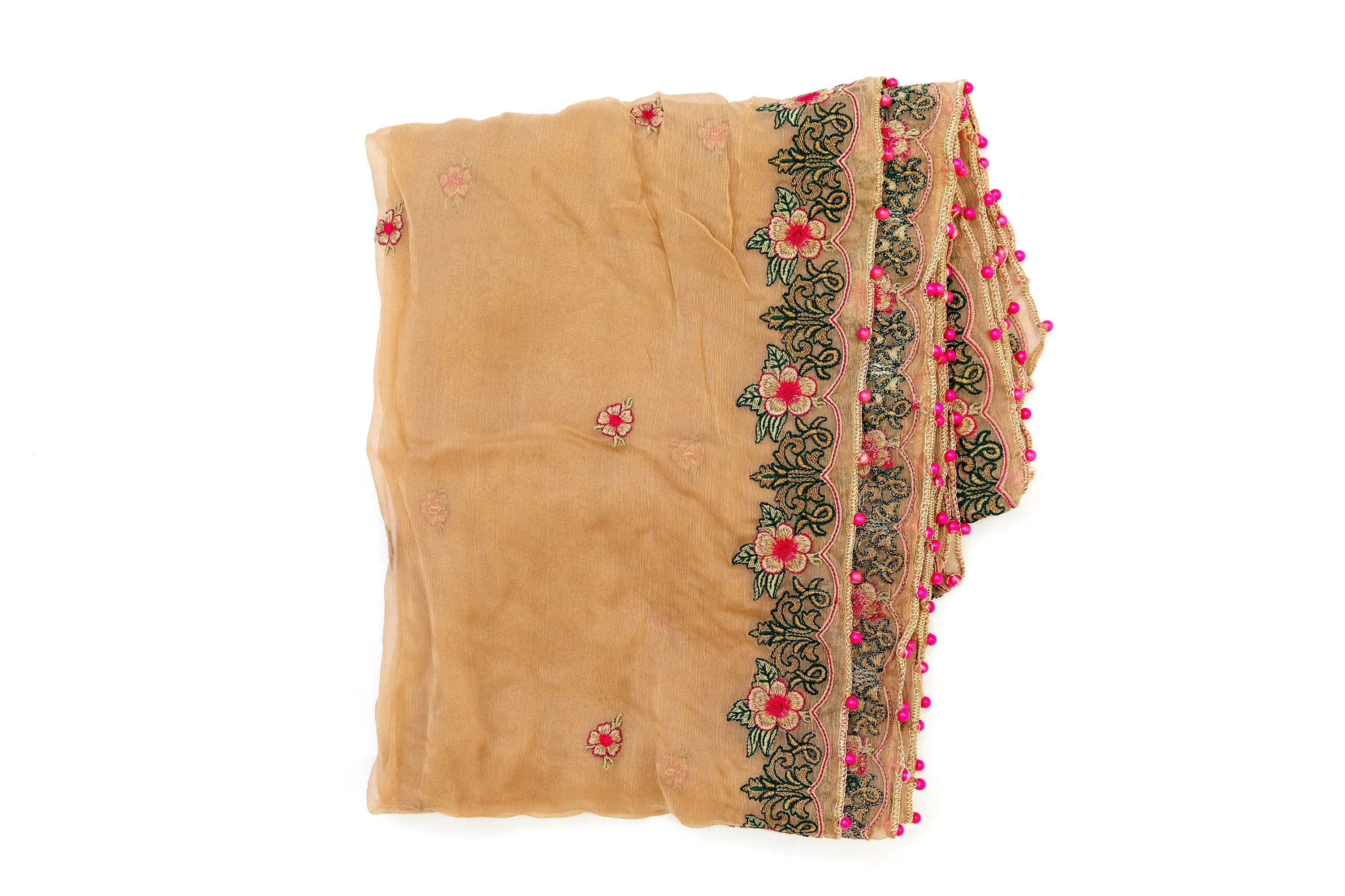 Beige Chiffon Pink Embroidered Dupatta - Scarf