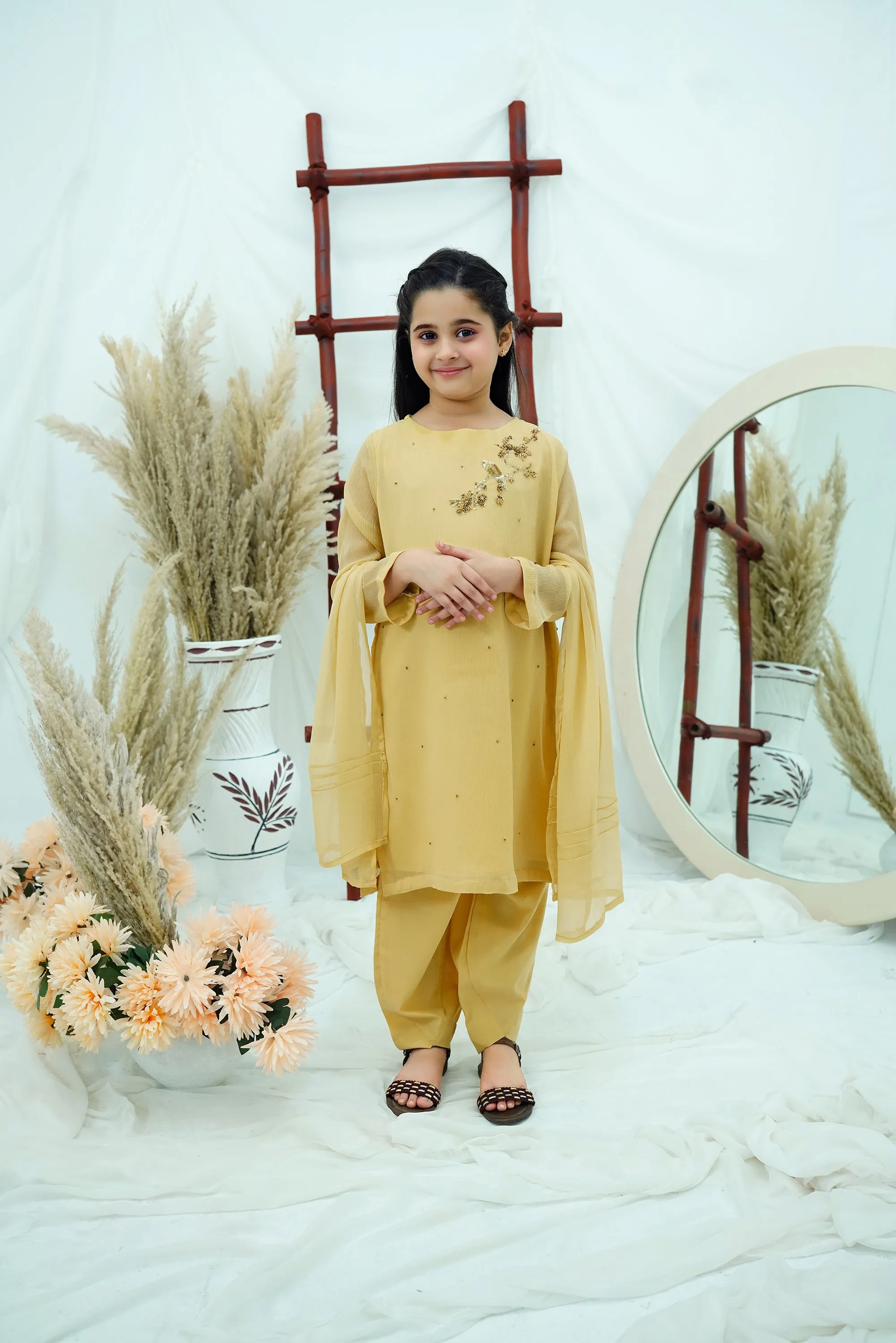 Beige Embroidered Chiffon