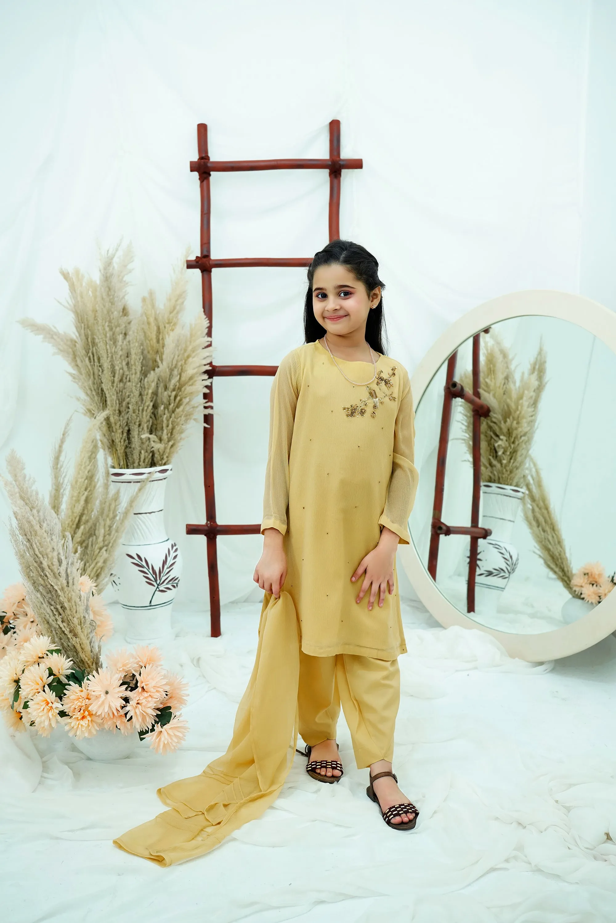 Beige Embroidered Chiffon