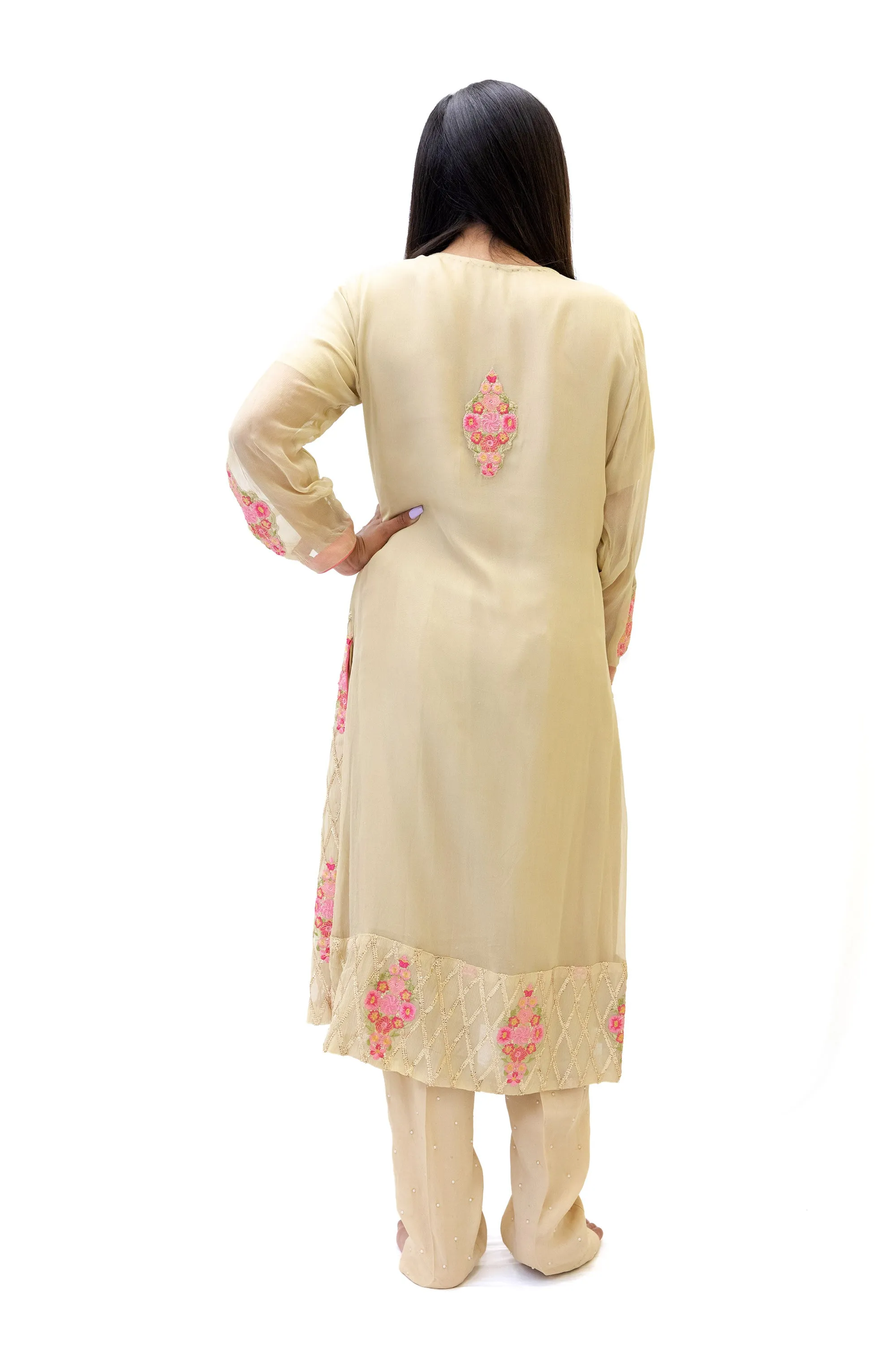 Beige Floral Chiffon Salwar Kameez-Suit
