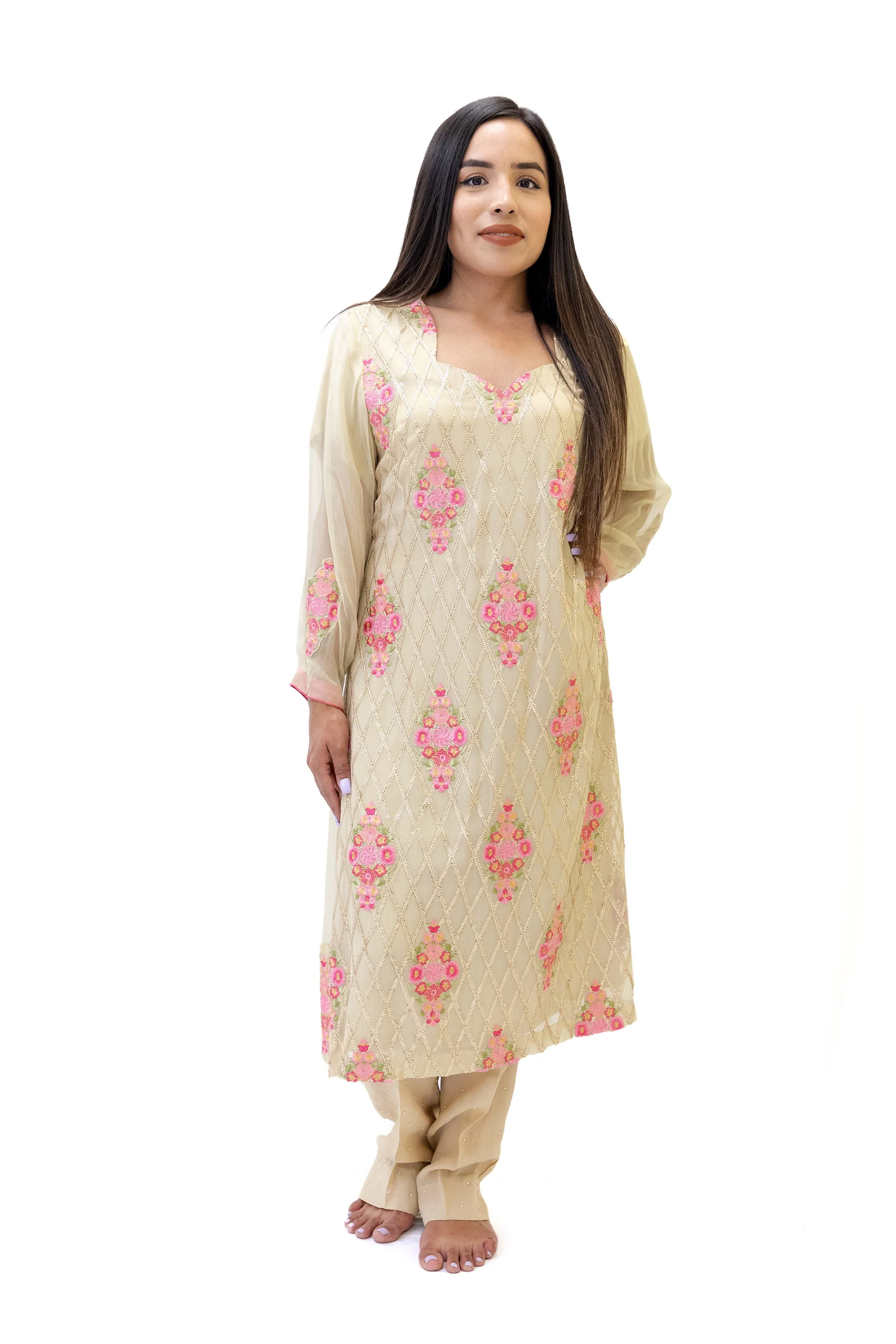Beige Floral Chiffon Salwar Kameez-Suit