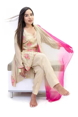 Beige Floral Chiffon Salwar Kameez-Suit
