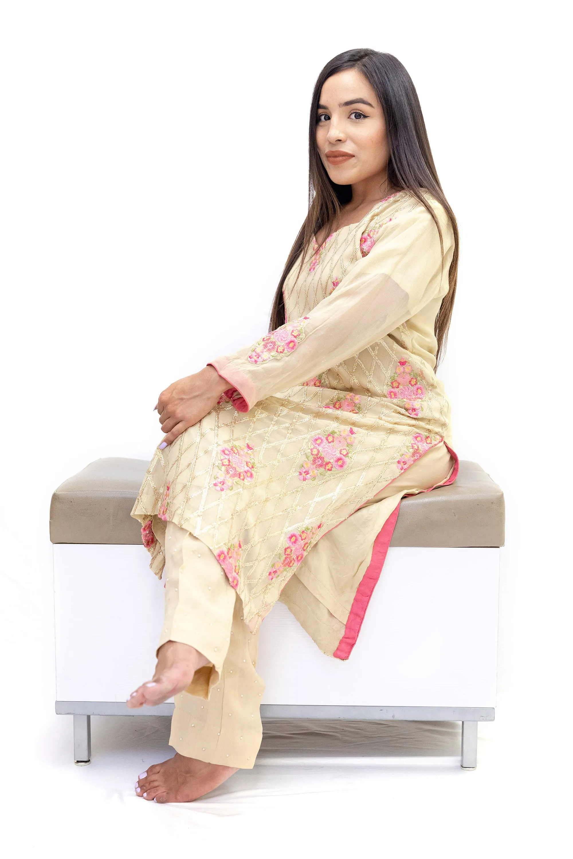 Beige Floral Chiffon Salwar Kameez-Suit