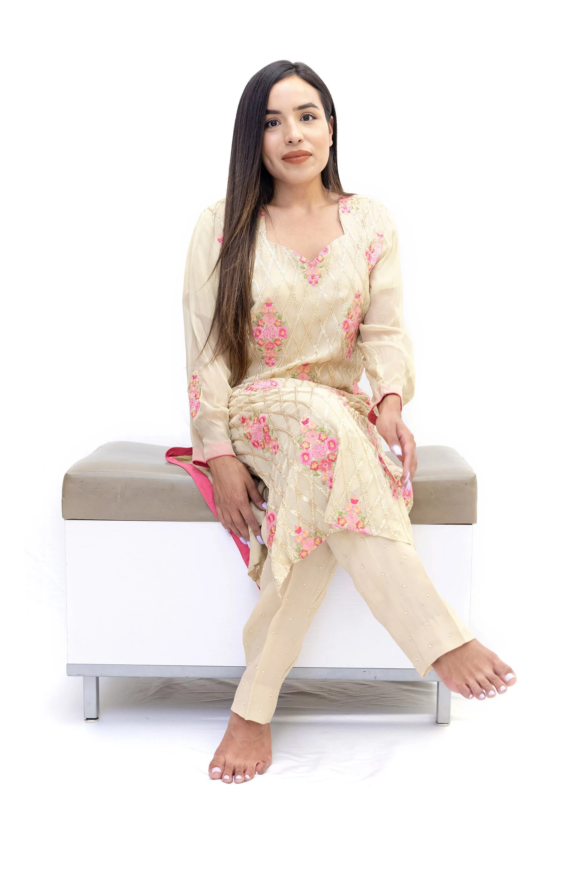 Beige Floral Chiffon Salwar Kameez-Suit