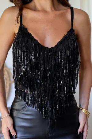 Black Sequin Tassel Tank Crop Top