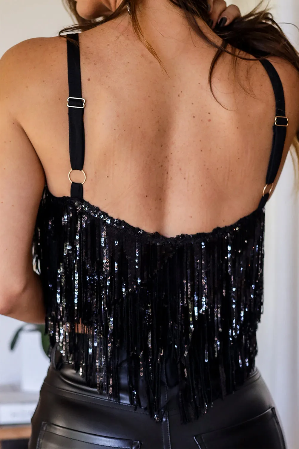 Black Sequin Tassel Tank Crop Top