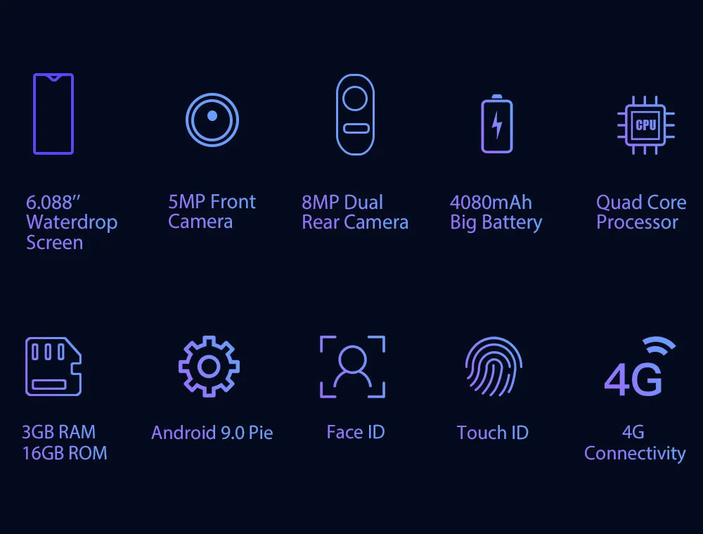 Blackview A60 Pro 4G Smartphone 3GB 16GB Android 9.0 Cellphone Face ID 4080mAh Battery Mobile Phone Gradient blue