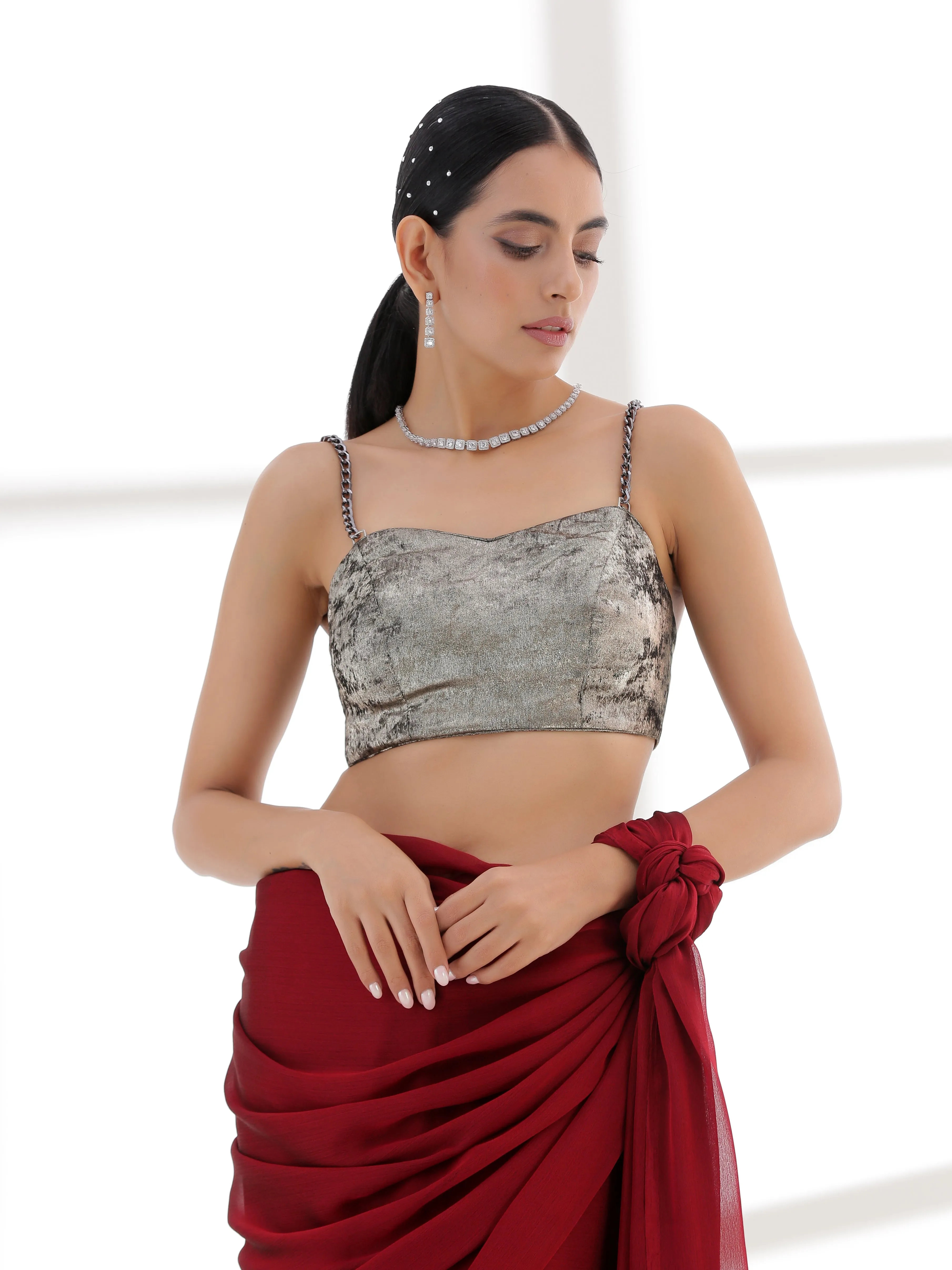 Blouse - Crushed Metallic Blouse with Metal Straps