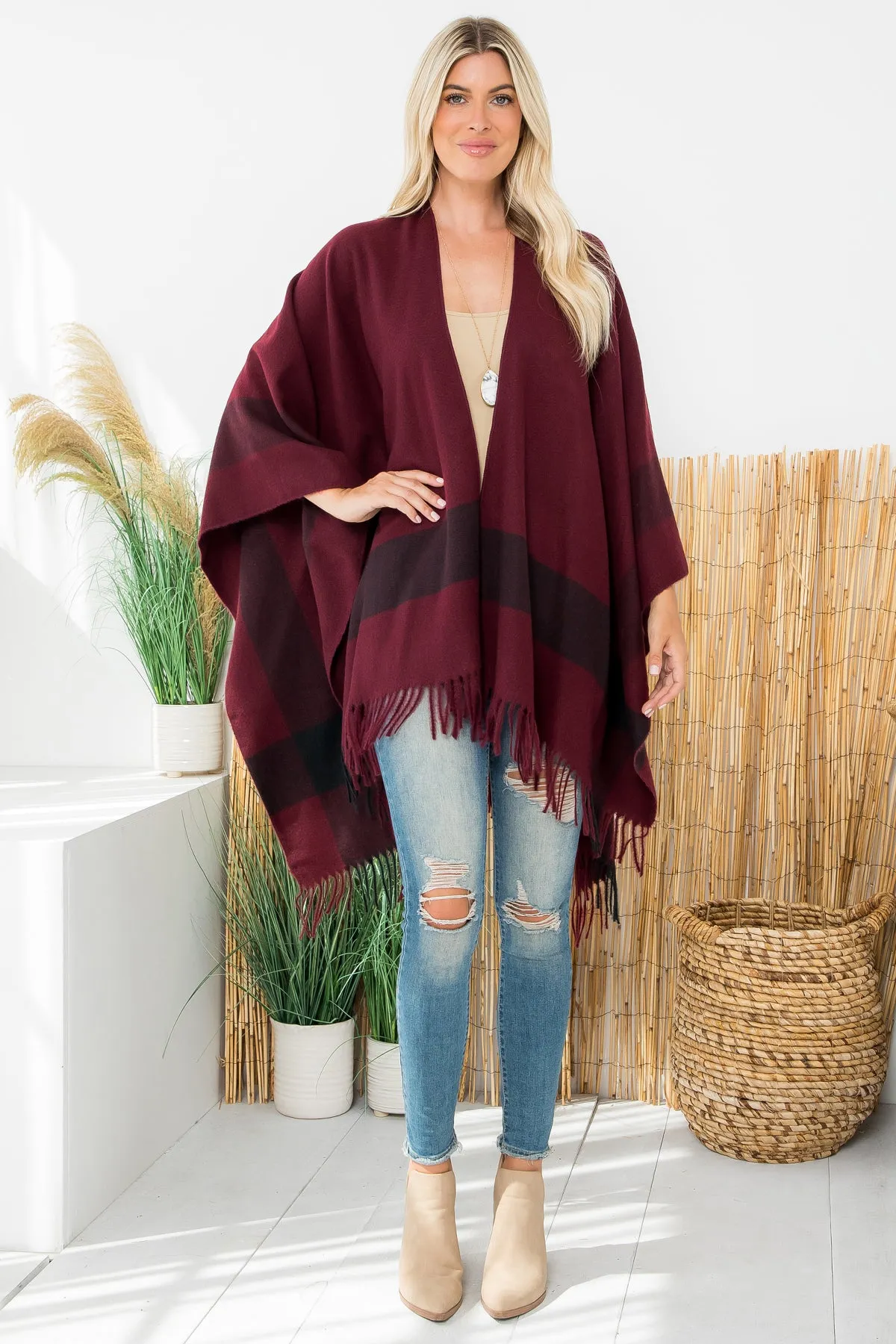 BORDER KNIT FRINGE OPEN FRONT KIMONO