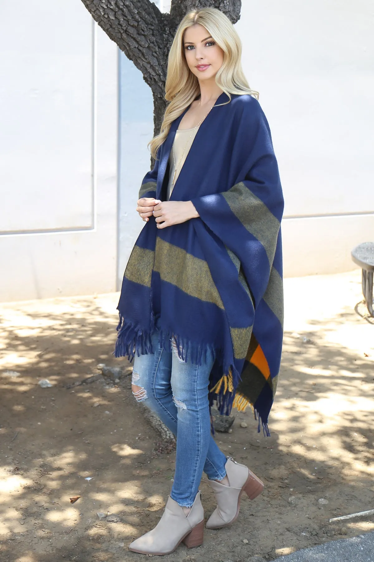 BORDER KNIT FRINGE OPEN FRONT KIMONO