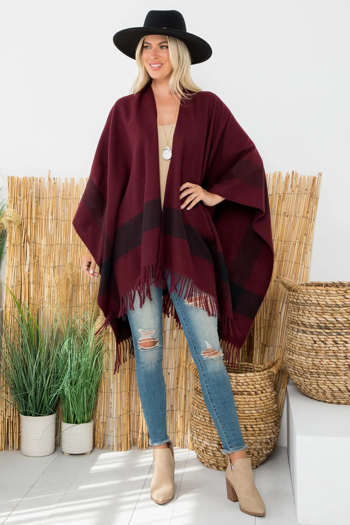 BORDER KNIT FRINGE OPEN FRONT KIMONO