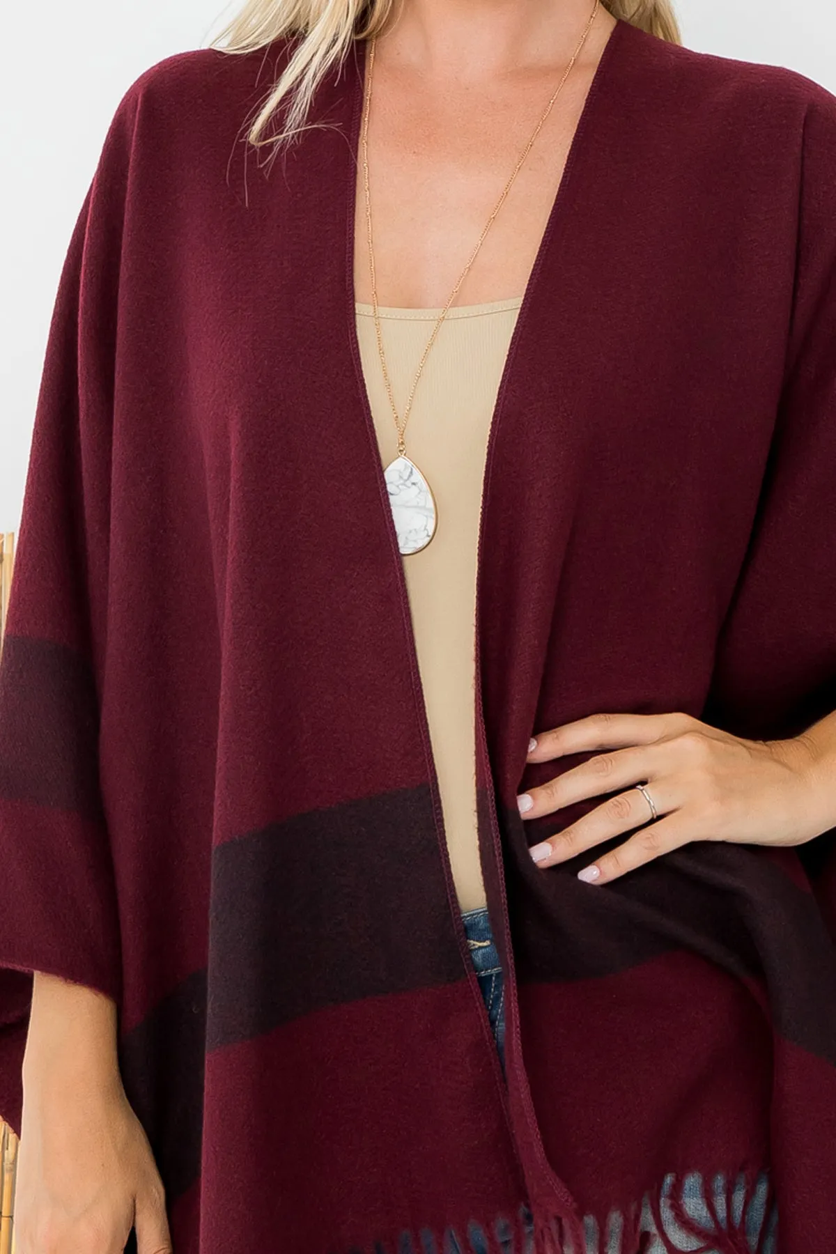 BORDER KNIT FRINGE OPEN FRONT KIMONO