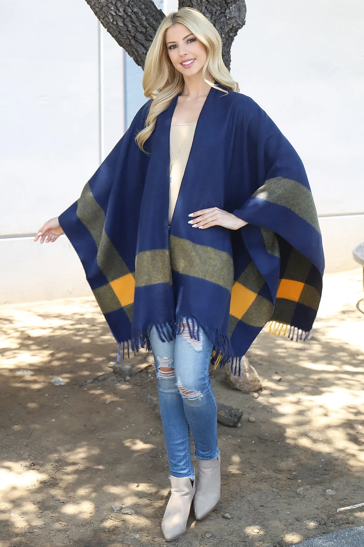 BORDER KNIT FRINGE OPEN FRONT KIMONO