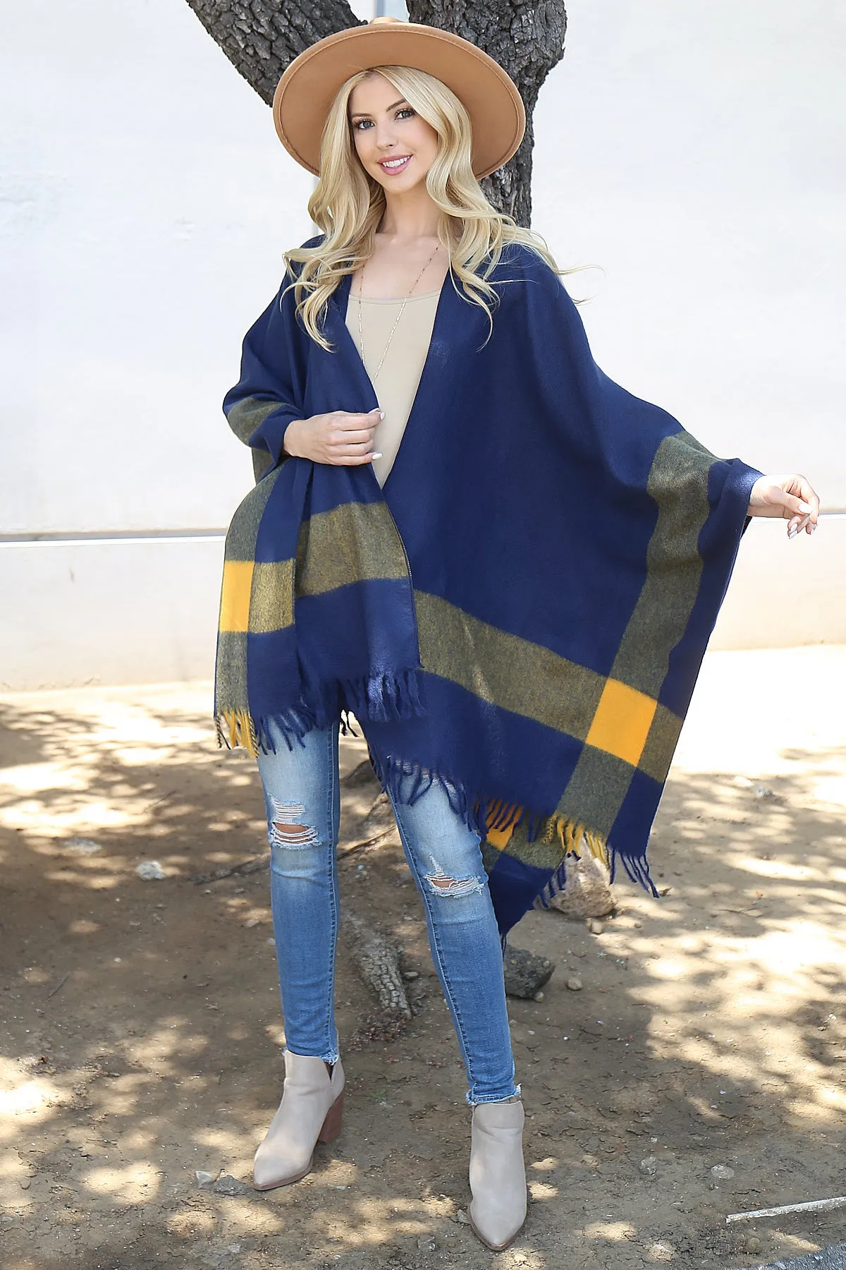BORDER KNIT FRINGE OPEN FRONT KIMONO