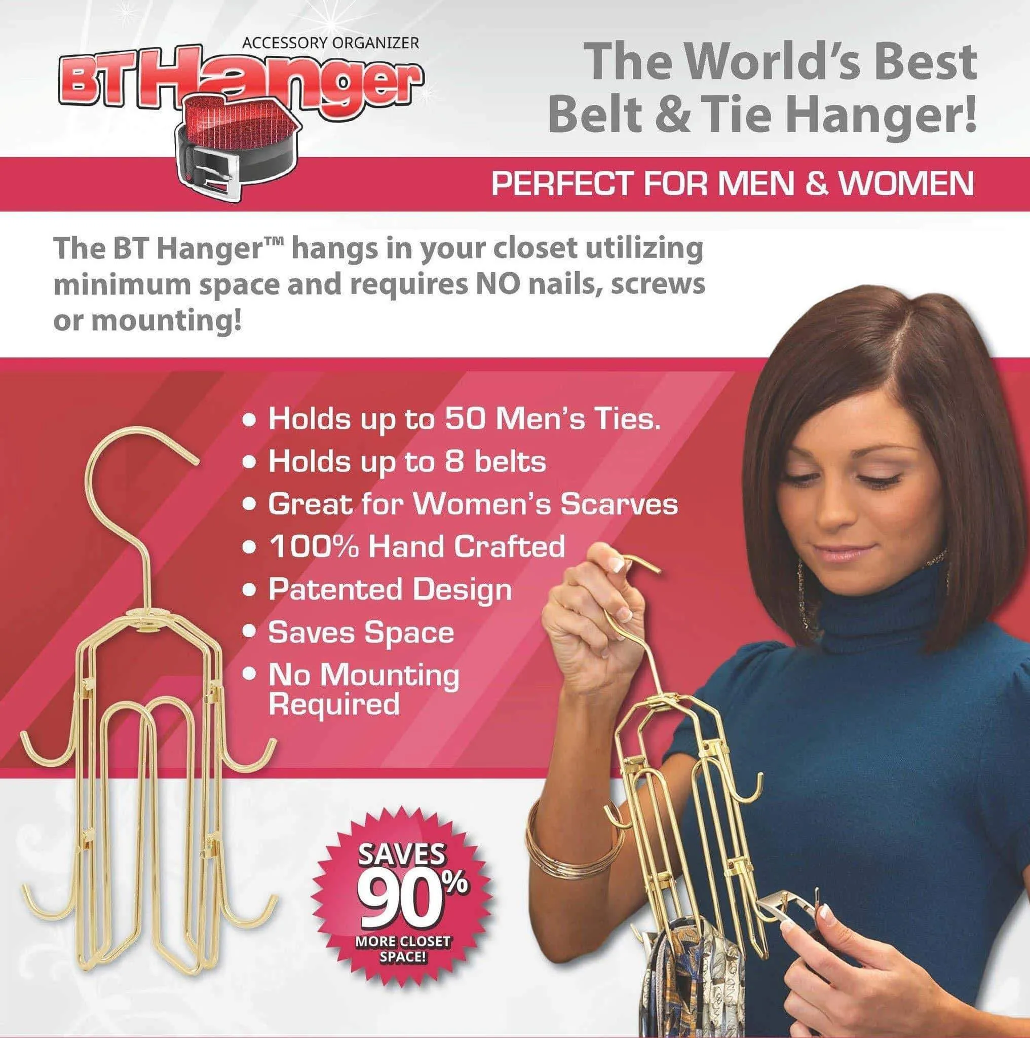 BT Hanger, Tie Rack, Tie Holder, Tie Hanger, Belt Hook Hangers in a closet organizer with non wood racks hold ties, bow tie for men and mens belts and hanging accessories by Rotating Swiveling hooks.