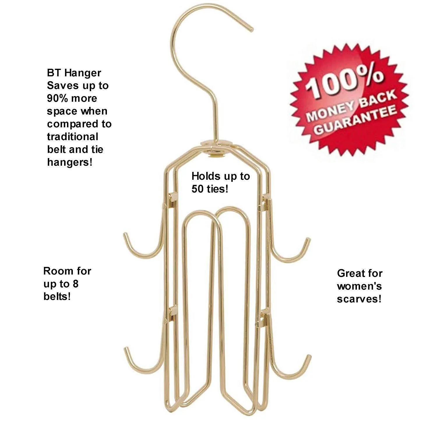 BT Hanger, Tie Rack, Tie Holder, Tie Hanger, Belt Hook Hangers in a closet organizer with non wood racks hold ties, bow tie for men and mens belts and hanging accessories by Rotating Swiveling hooks.